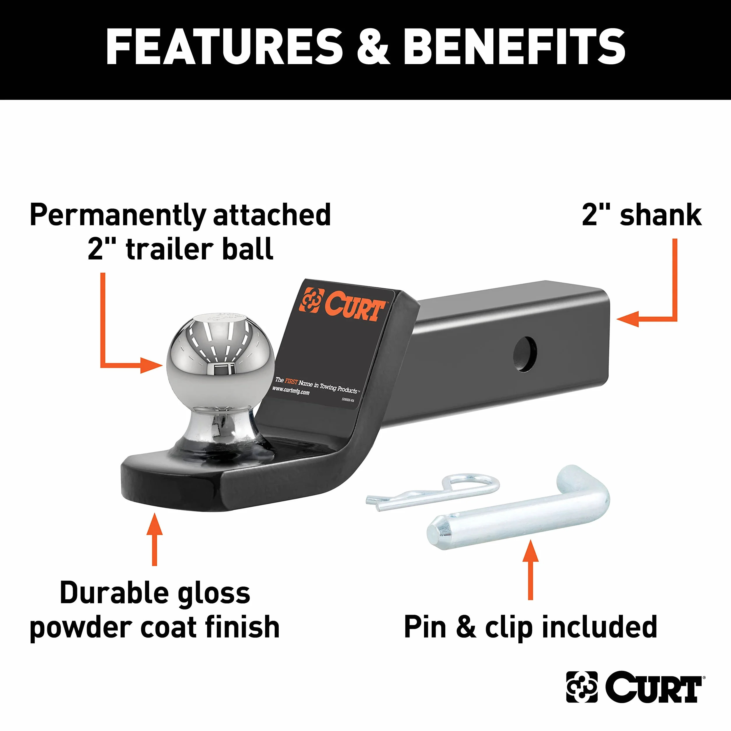CURT 45134 Fusion Trailer Hitch Mount with 2-Inch Ball & Pin, Fits 2-In Receiver, 7,500 lbs, 2" Drop, black