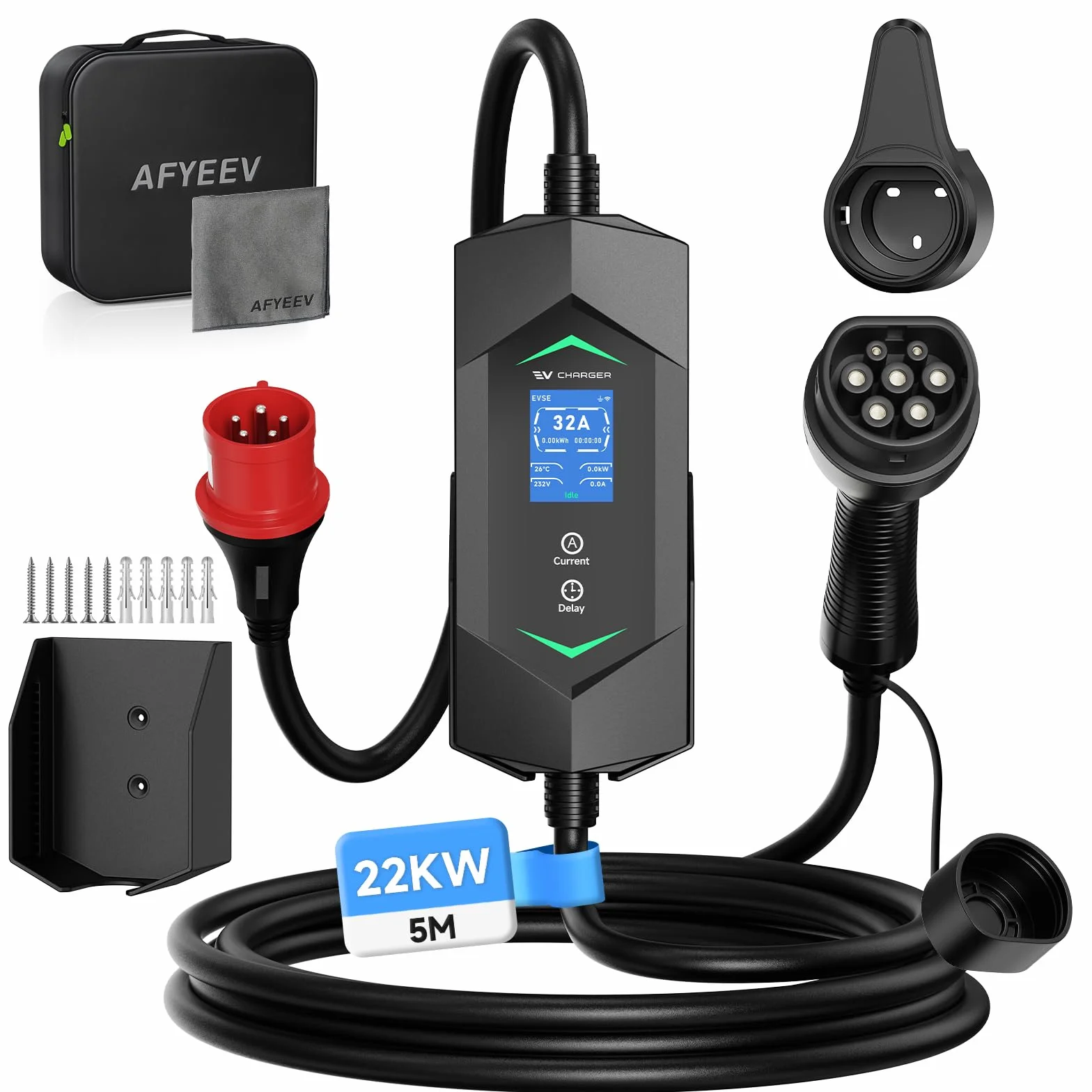 Przenośna stacja ładująca Wallbox/stacja ładująca 22 kW [3-fazowa|5 m|6-32 A] | Kabel ładujący typu 2 CEE 32A i EV ładowarka z uchwytem ściennym, nadaje się do użytku wewnątrz i na zewnątrz