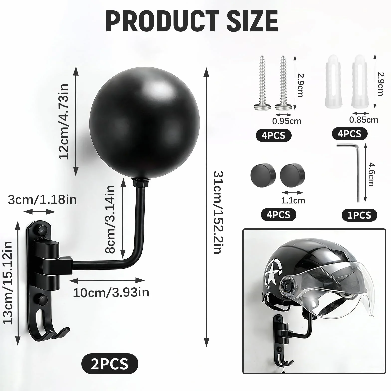 2 szt. Uchwyt na kask motocyklowy naścienny, wiszący na kask motocyklowy uchwyt na kapelusze z hakiem, obracany o 180 stopni, uchwyt kasków sferycznych do zawieszania odzieży na klucze
