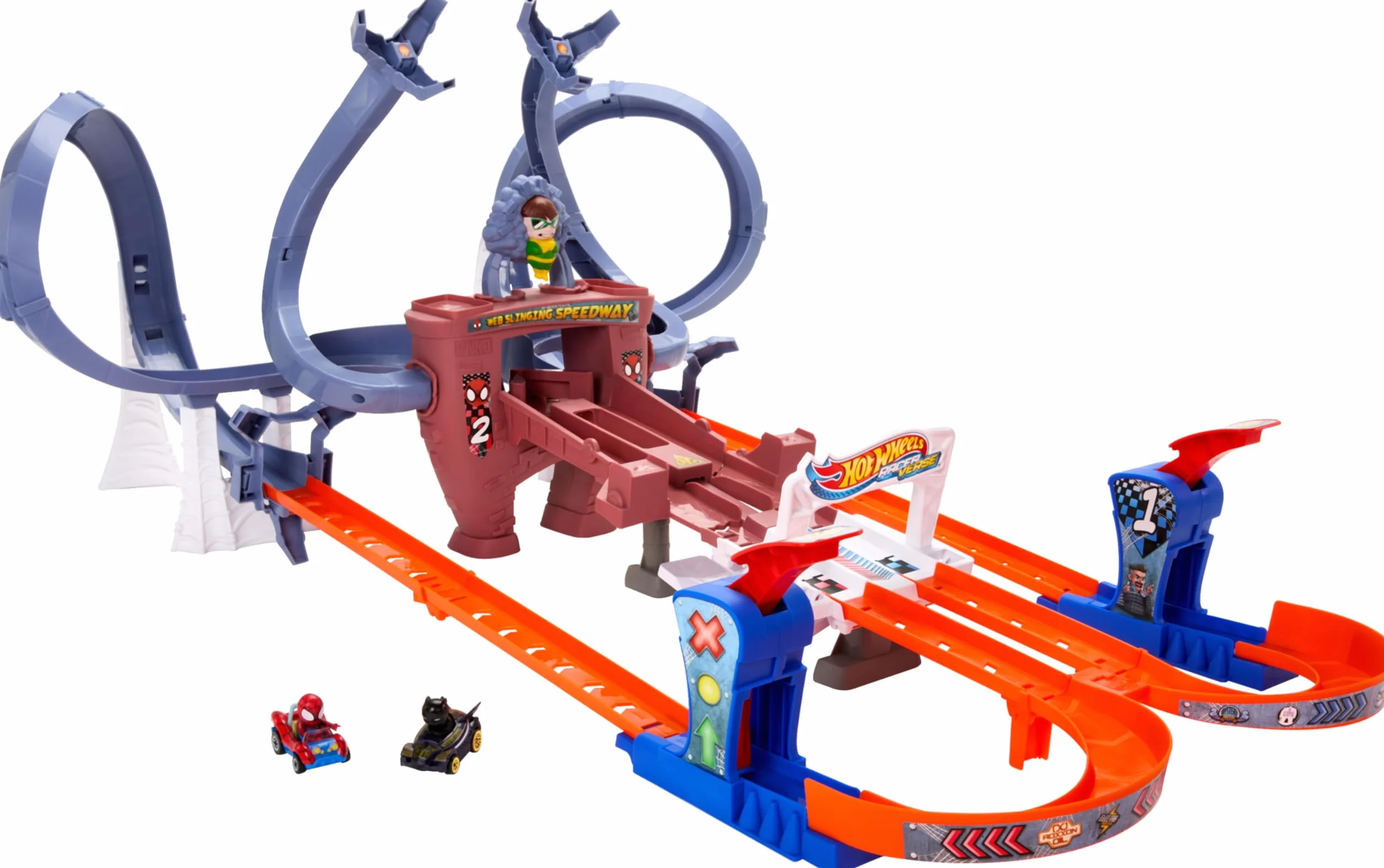 HOT WHEELS RaceVerse Spider-Mans tor wyścigowy z wirówką, 1 x Spider-Gwen i 1 x pojazd Spiderman Die-Cast, szybki start, dla dzieci od 4 lat, HPL34