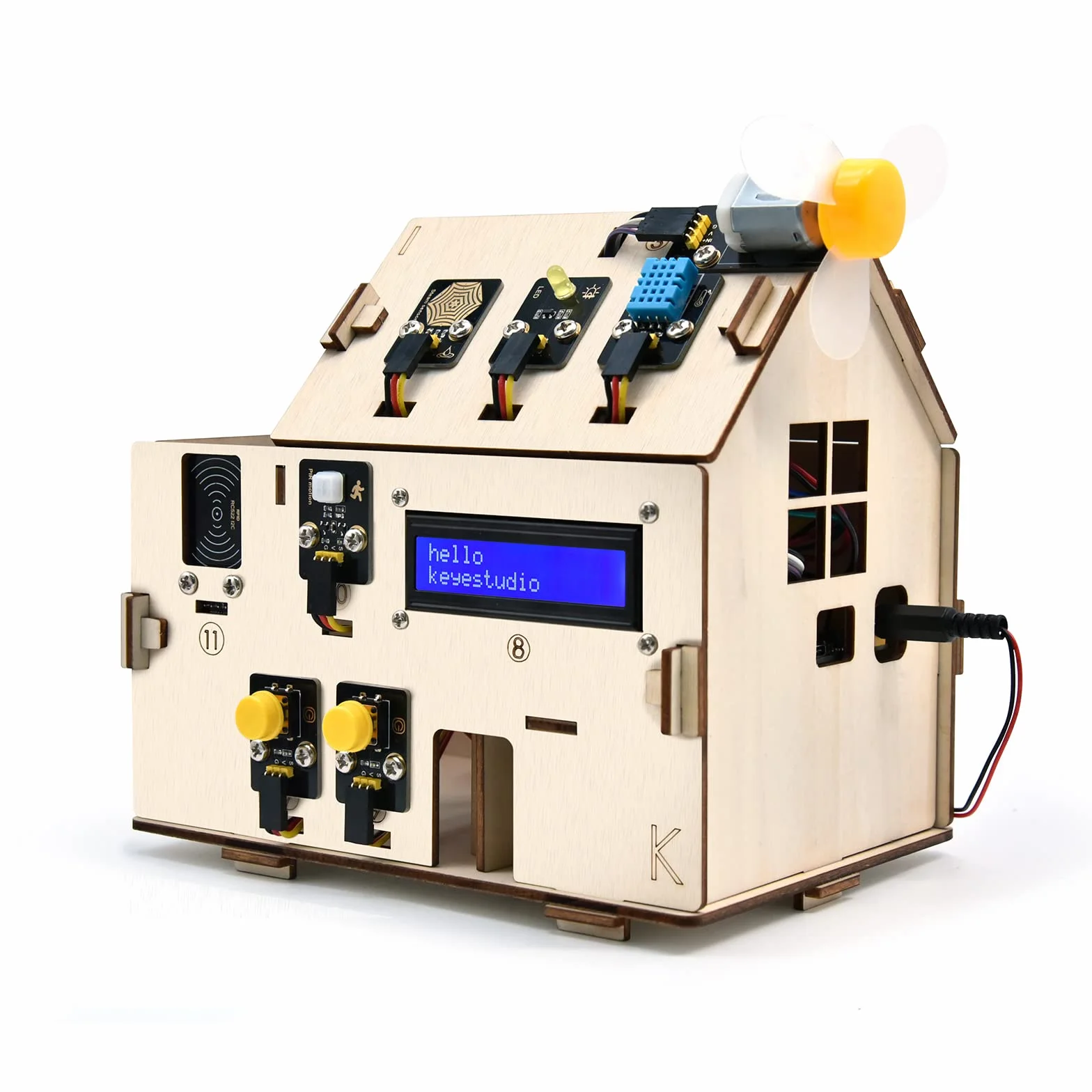 KEYESTUDIO Zestaw startowy inteligentnego domu do Arduino ESP32 i Python, elektroniczny zestaw do kodowania automatyki domowej, zestaw elektrotechniczny, drewniany dom dla nastolatków 14+