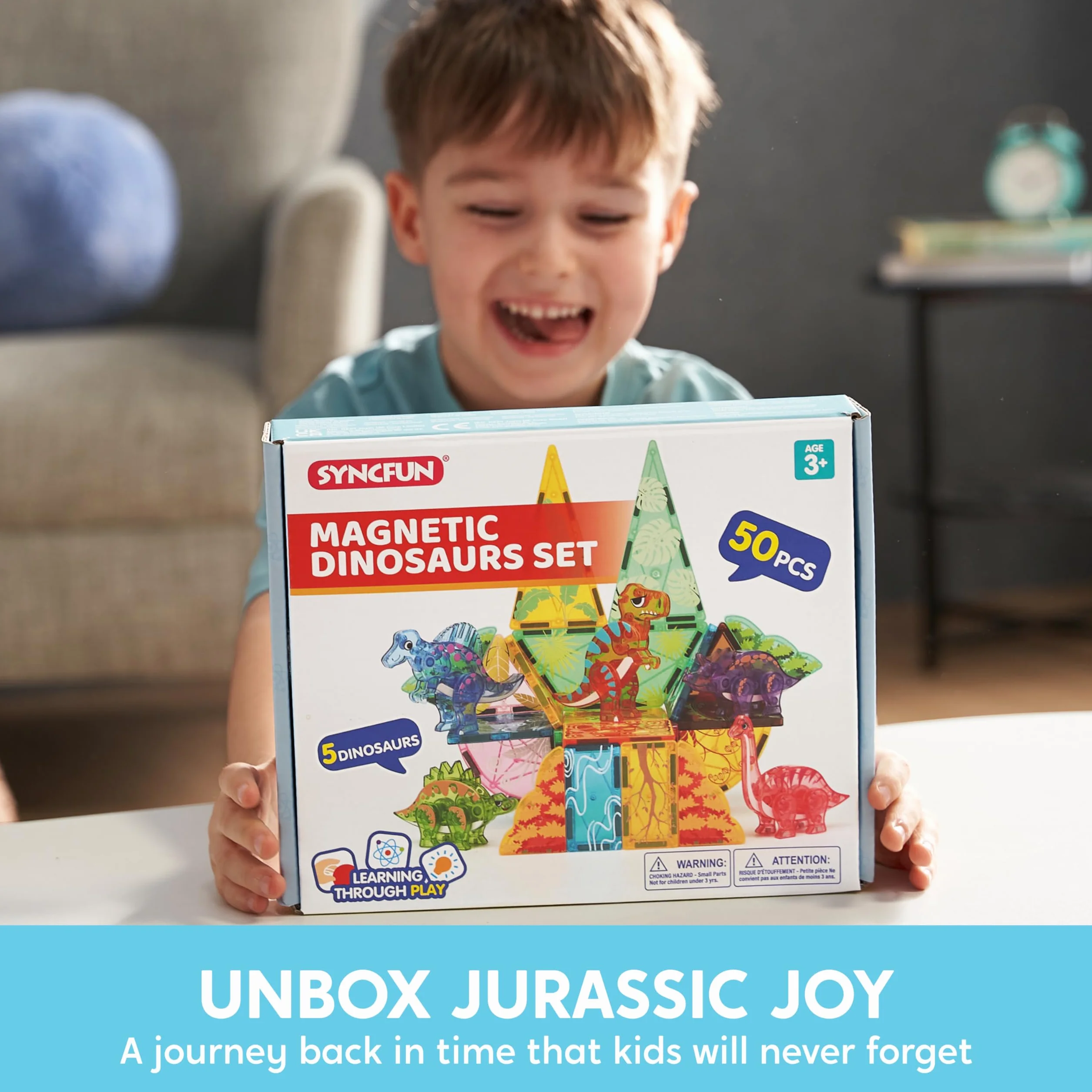 SYNCFUN Magnetyczne Płytki Zestaw Zwierząt z Dżungli dla Dzieci, 50 szt. Magnetycznych Klocków Płytek 5 Dinozaurów, Edukacyjne Zabawki Konstrukcyjne STEM dla Chłopców i Dziewcząt w Wieku 3-8 lat
