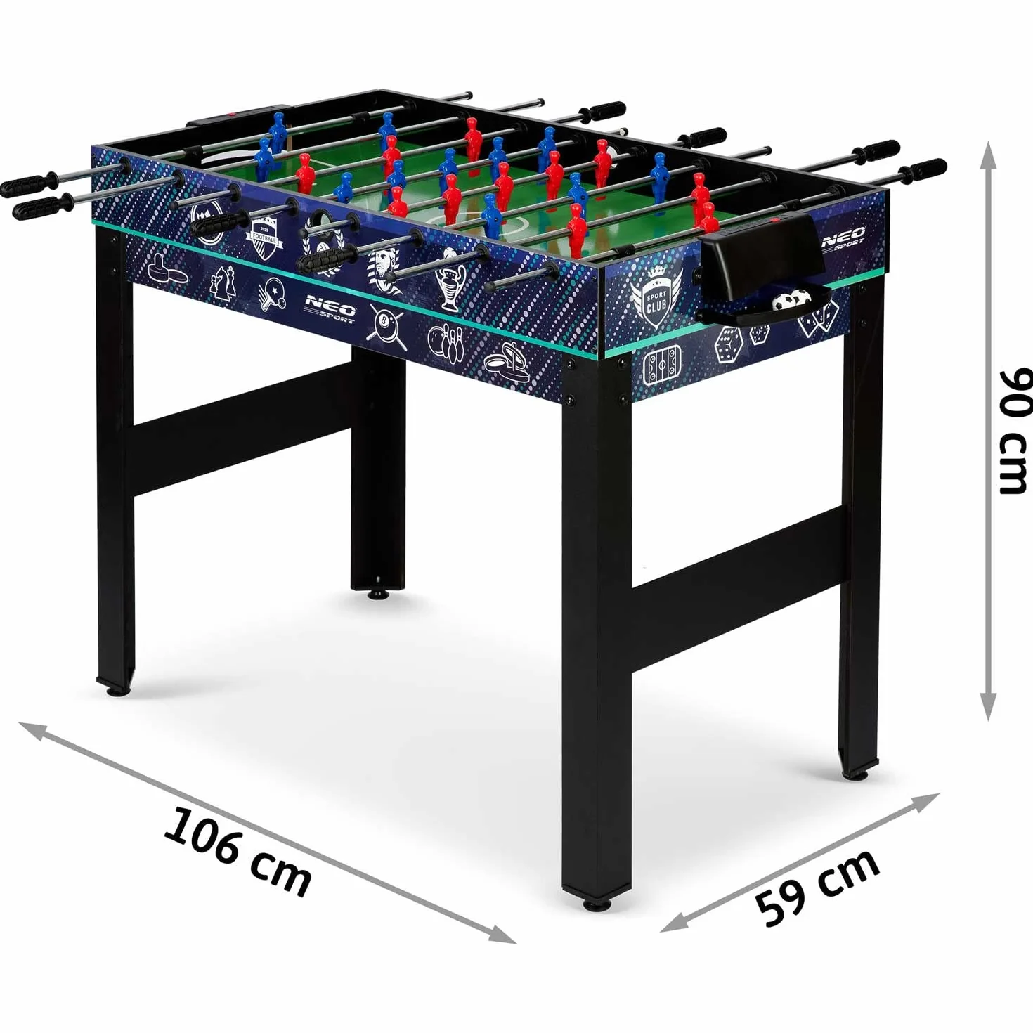 Multi stół do gier 12w1, piłkarzyki, ping-pong, cymbergaj, bilard, warcaby, kręgle, szachy, karty, 106 x 59 x 90 cm, Neo-Sport
