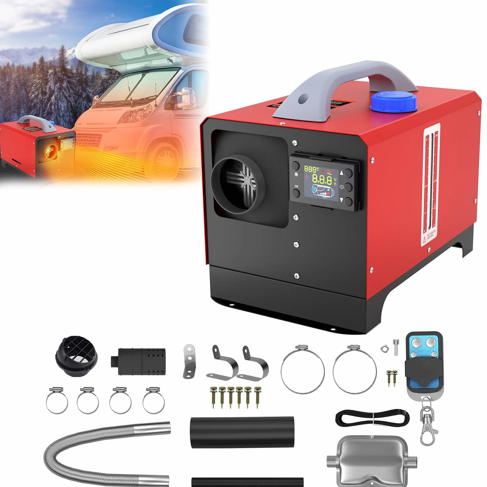 LARS360 8 kW nagrzewnica postojowa na olej napędowy, 12 V nagrzewnica powietrza na olej napędowy, ogrzewanie powietrzem na olej napędowy z przełącznikiem LCD i pilotem zdalnego sterowania, nagrzewnica