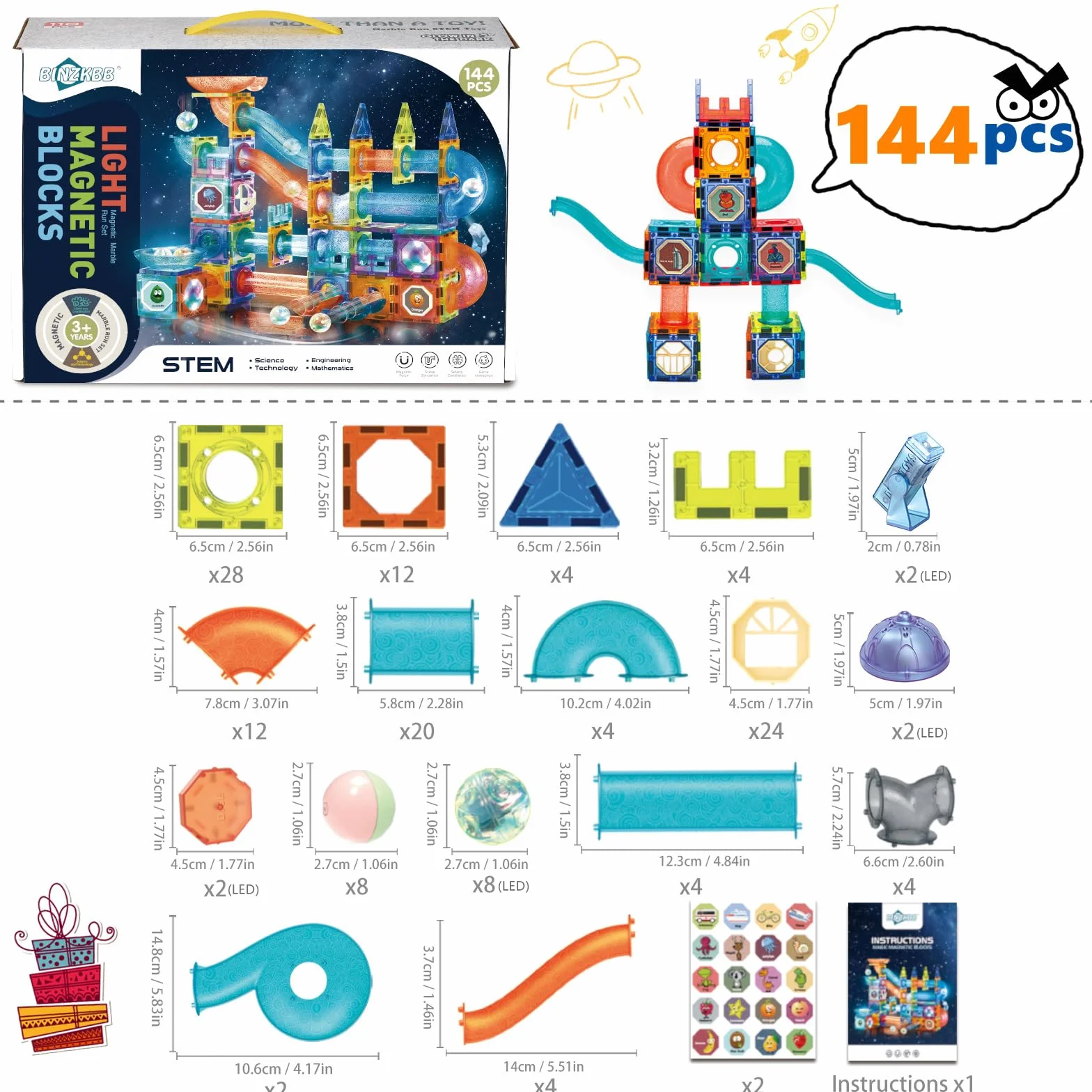 Klocki Magnetyczne 144 szt ze Światłem LED & Tor Kulkowy - Magnetyczne Klocki Konstrukcyjne dla Dzieci 5-12 lat | Edukacyjne Zabawki STEM (Montessori)
