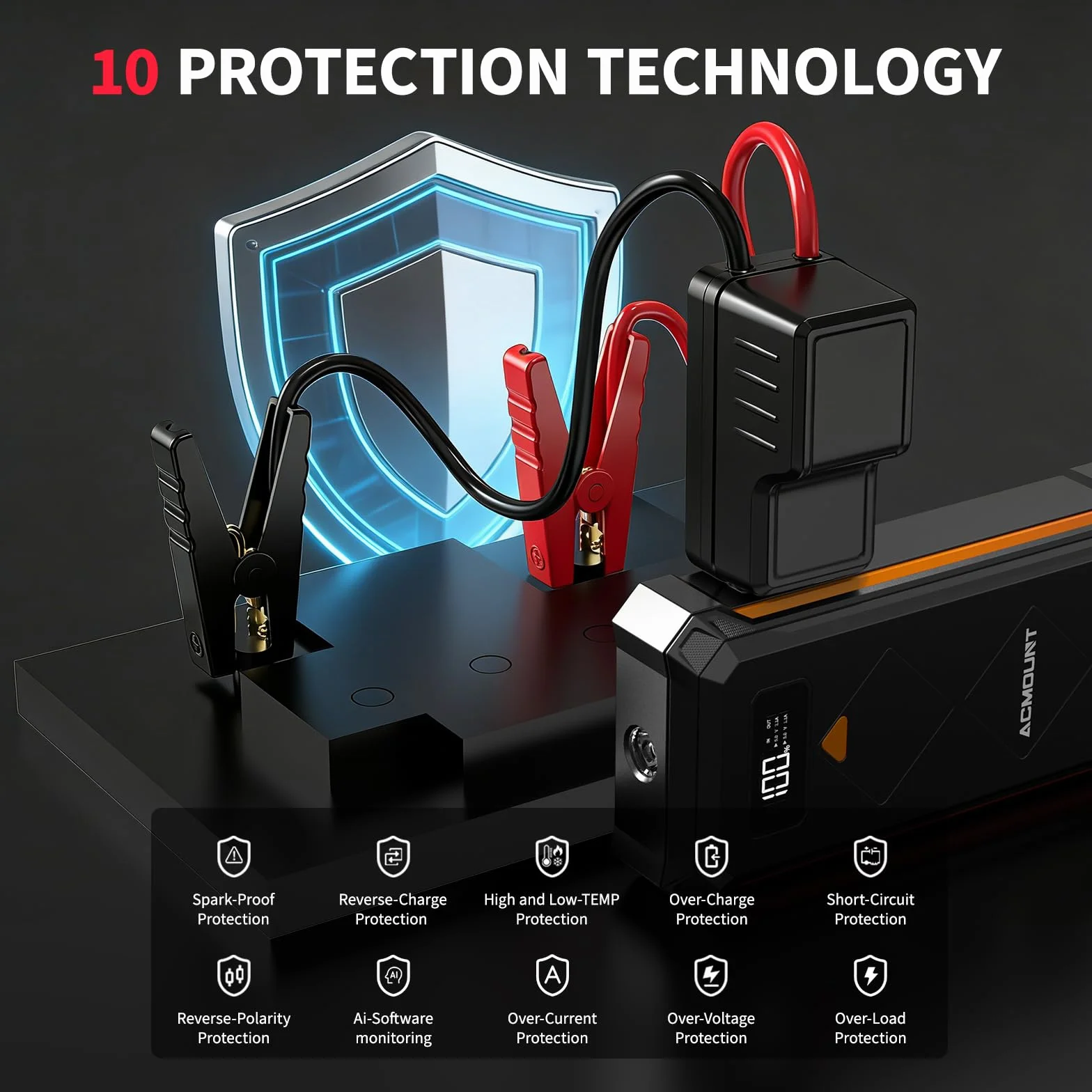Acmount Powerbank Rozruchowy, 7000A Samochodowy Powerbank Rozruchowy do Osobowych, Rozrusznik (Do 12L Benzyna/10L Diesel), Booster Baterii z Latarką LED, Kablami Rozruchowymi, USB i Kompasem