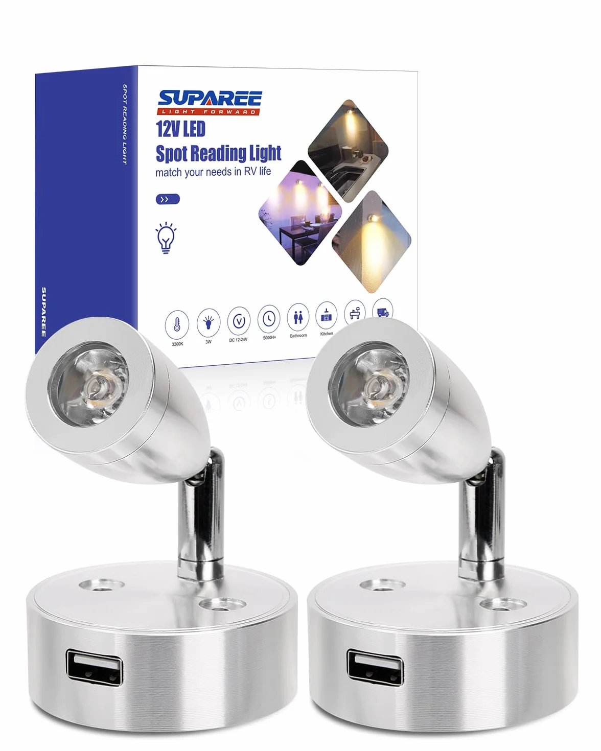 SUPAREE Światła LED 12 V do przyczepy kempingowej, kampera, ściemniane, 12 V, przełącznik dotykowy USB, 3200 K, do kampera, łodzi, 2 szt