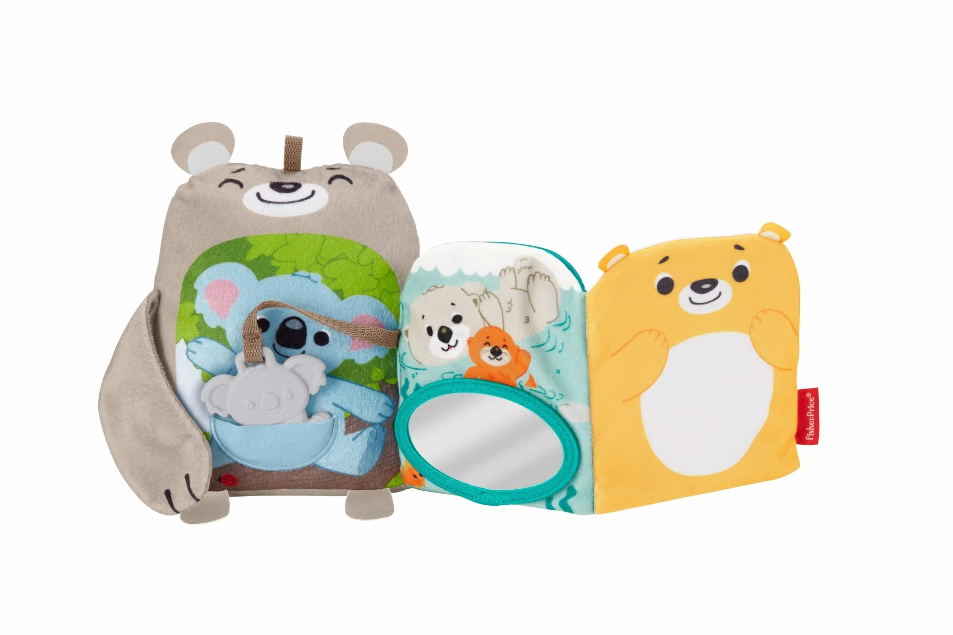 Fisher-Price Miękkie zwierzątka – Książeczka aktywizująca, milutki miś + miękka książeczka sensoryczna (lusterko i gryzaczek), dla dzieci powyżej 3 miesiąca życia, GJD37