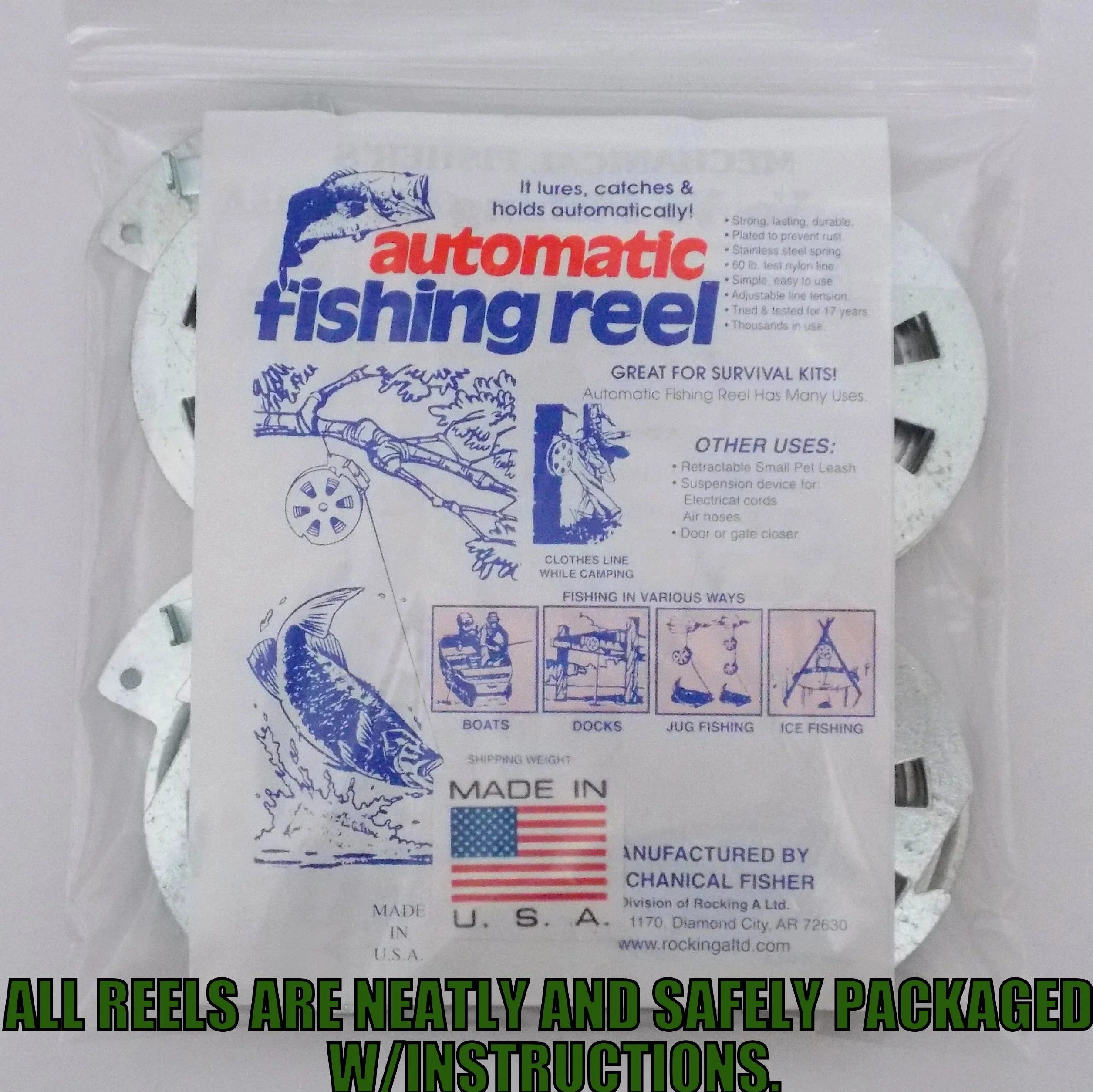 4 mechaniczne kołowrotki wędkarskie Fisher's Yo Yo - zestaw 4 kołowrotków - pułapka na ryby Yoyo - (płaski model wyzwalacza) firmy Mechanical Fisher YoYo automatyczny kołowrotek wędkarski