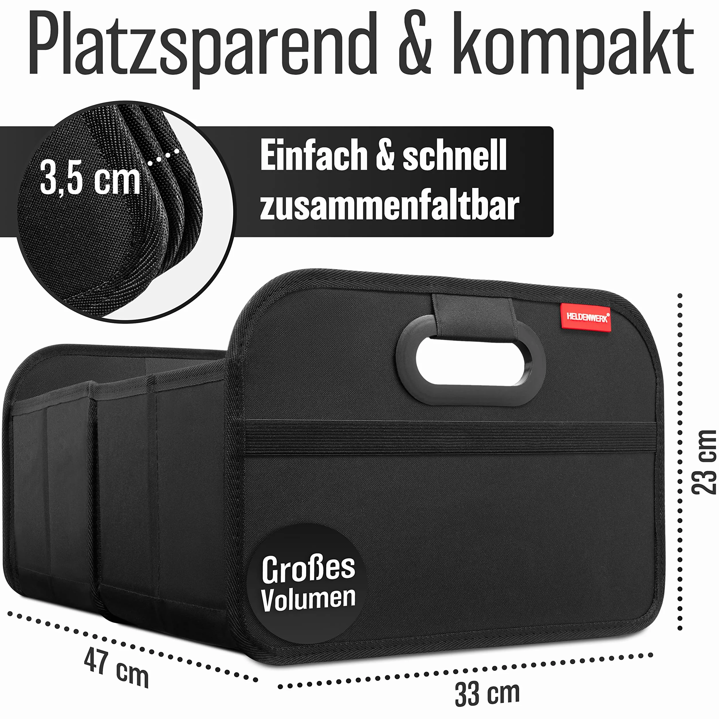 HELDENWERK Składana torba do bagażnika samochodowego, wzmocniona i stabilna, torba na zakupy z organizerem do praktycznego przechowywania, antypoślizgowy składany pojemnik, kufer (czarna)