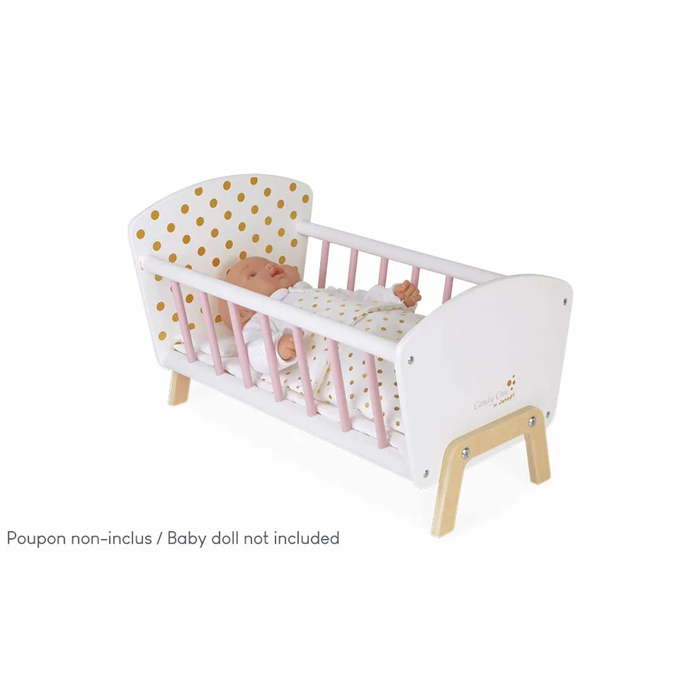 Janod - Candy Chic Bed - Wooden Baby Doll’S Bed with Mattress + Blanket + Pillow - Soft Shiny Colours - Accessories for Babies - from 3 Years Old, J05889