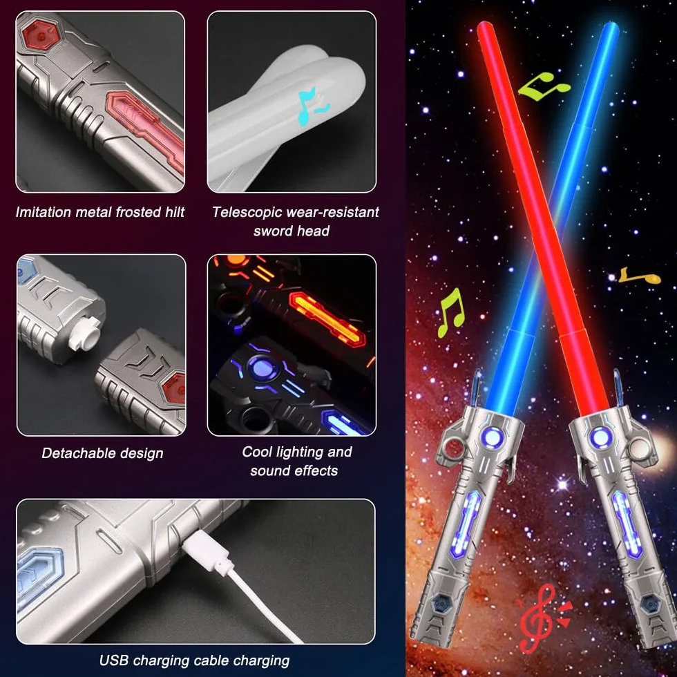 Miecz Laserowy dla Dzieci, 15 Kolorów Star Wars, Miecz Świetlny LED z Światłem i Dźwiękiem, 2 w 1 Chowany Miecz Laserowy dla Dzieci (Srebrny Uchwyt)