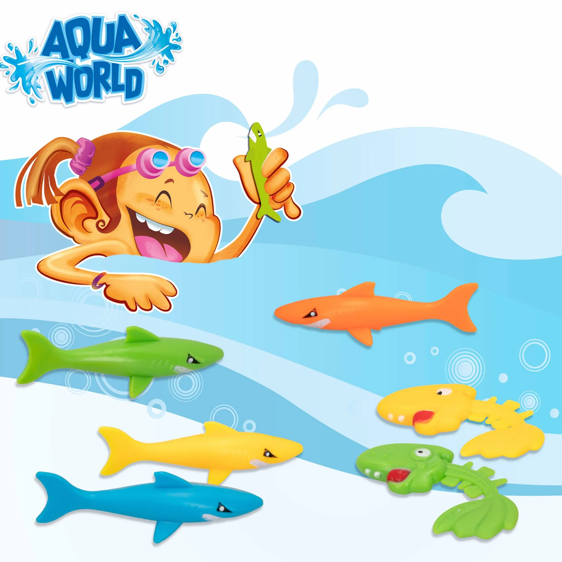 COLORBABY 49536, Zestaw zabawek nurkowych 17 sztuk, CB Toys, Zestawy do nurkowania w wodzie, Zawiera 4 kije, 4 obręcze, 4 rekiny, 3 torpedy i 2 ryby, Gra w basenach, Prezenty i zabawki dla dzieci
