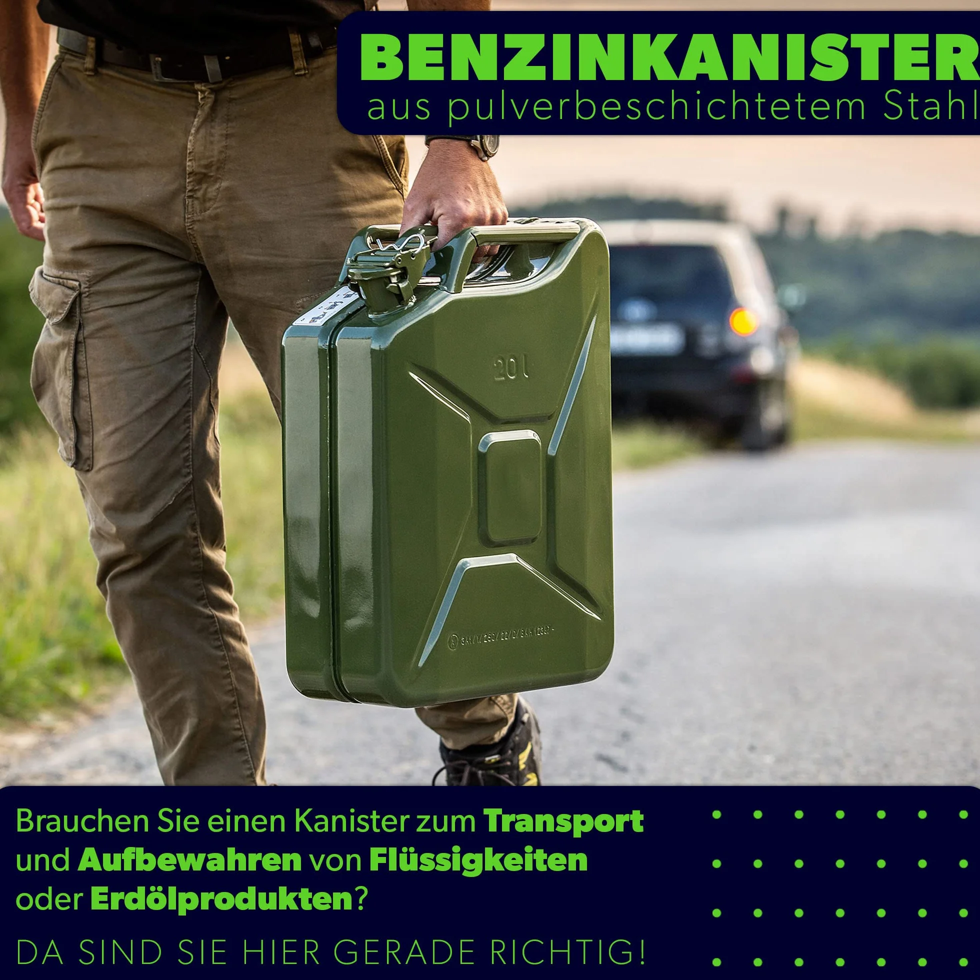 KADAX Kanister na paliwo 20 l, stal 0,8 mm, potrójny uchwyt, zielony
