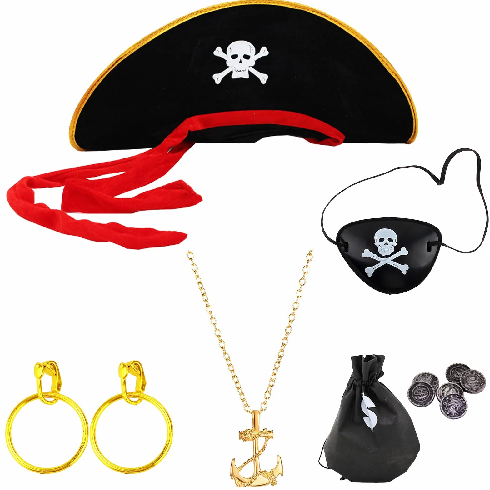 6-częściowy zestaw akcesoriów do kostiumu pirata dla dzieci, zawiera czapkę piracką, opaskę na oczy, naszyjnik, kolczyki, torbę na pieniądze, idealny na Halloween, imprezę, cosplay i motyw