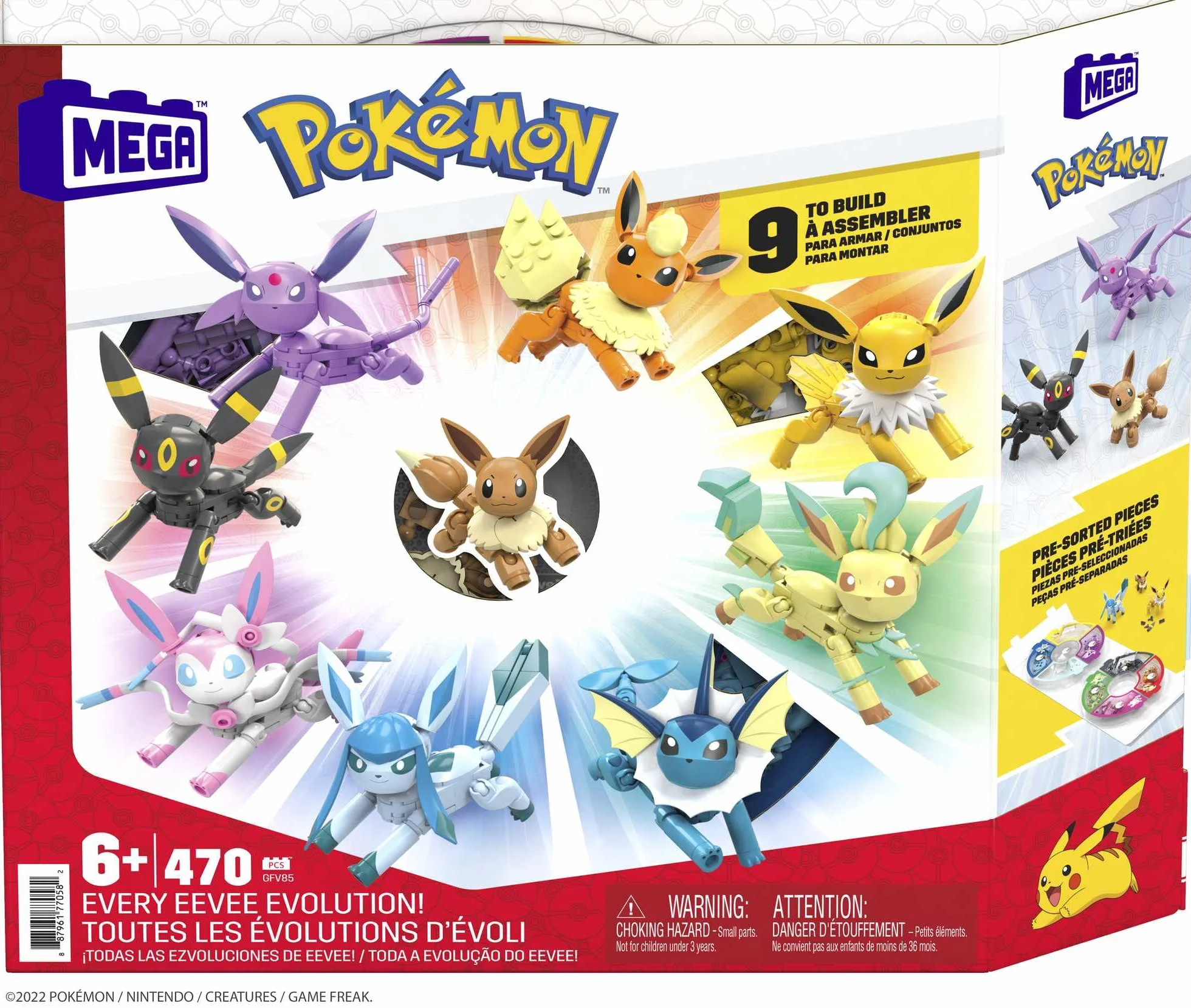 MEGA Pokémon Wszystkie ewolucje Eevee, zestaw konstrukcyjny z figurkami Vaporeon, Jolteon, Flareon, Espeon, Umbreon, Leafeon, Glaceon, Sylveon, 470 elementów, dla dzieci od 6 roku życia, GFV85