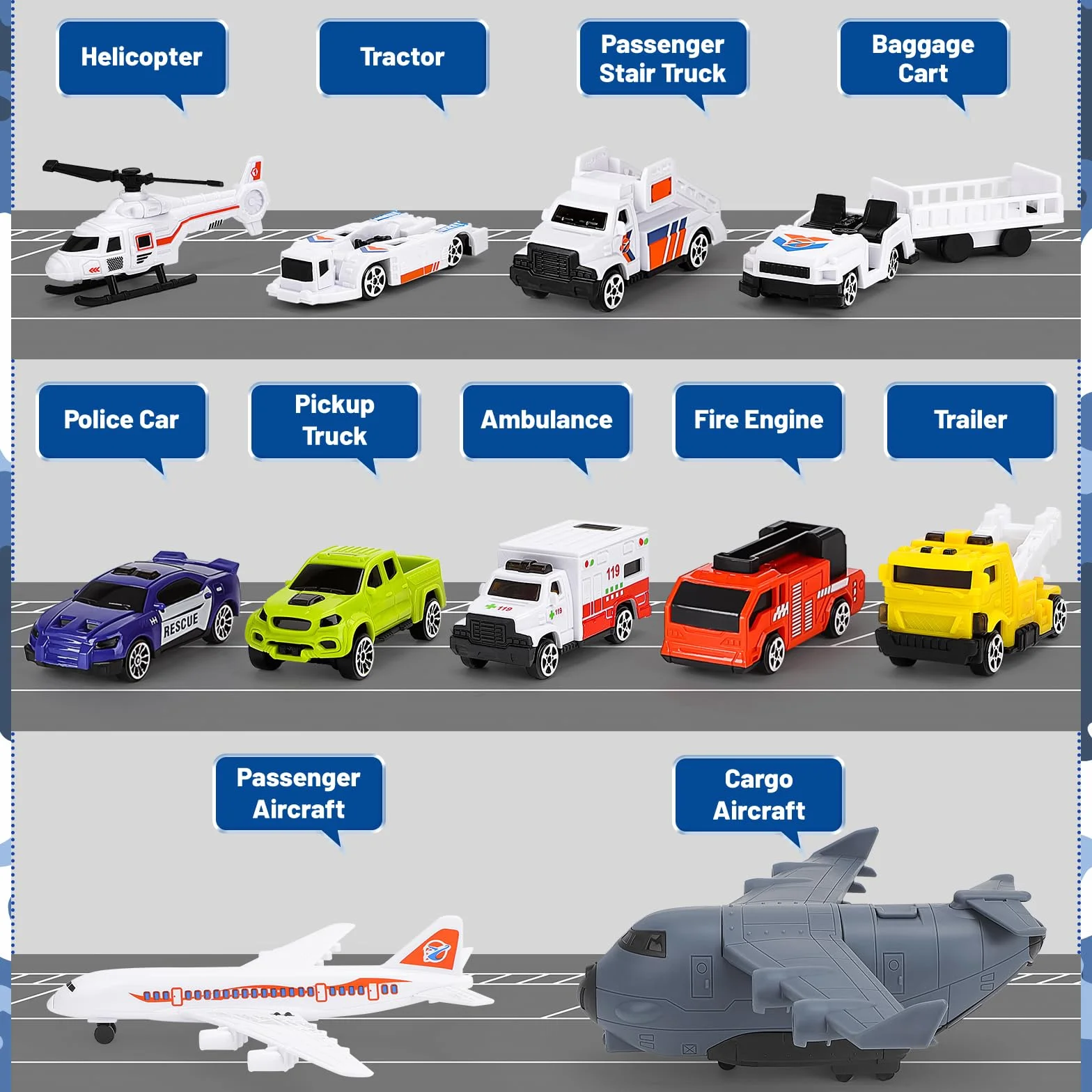 deAO Strap Toys City Lotnisko, budynek terminalu lotniska, wieża radarowa, 11 środków transportu: wózki bagażowe, pojazdy policyjne, samolot liniowy, zapora drogowa, 3 lata +