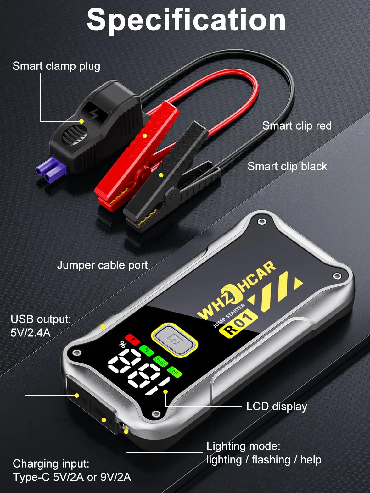 Powerbank rozruchowy 4000 A, przenośny, 12 V (do 9,0 l benzyny lub oleju napędowego 7,5 l) wyświetlacz LCD LED, urządzenie ułatwiające rozruch, akumulator samochodowy, do SUV-ów, motocykli, kosiarek