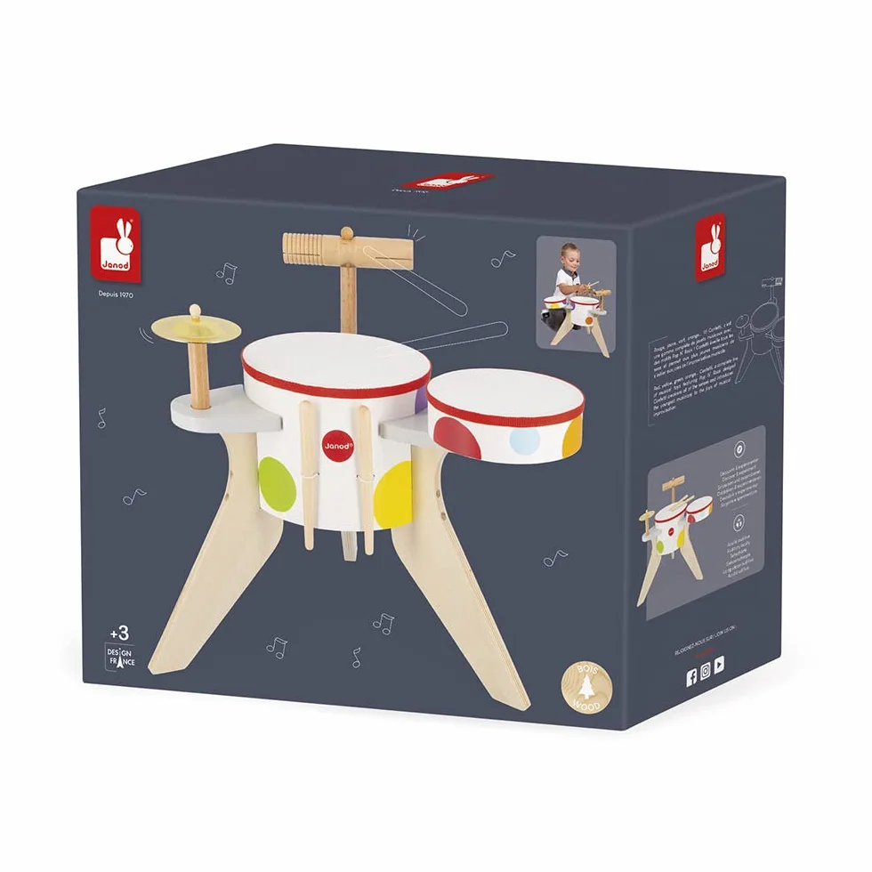 Janod - Drewniany zestaw perkusyjny Confetti - Instrument muzyczny dla dzieci - Imitacja i rozrywka muzyczna - 4 perkusje - malowanie wodą - od 3 lat, J07614