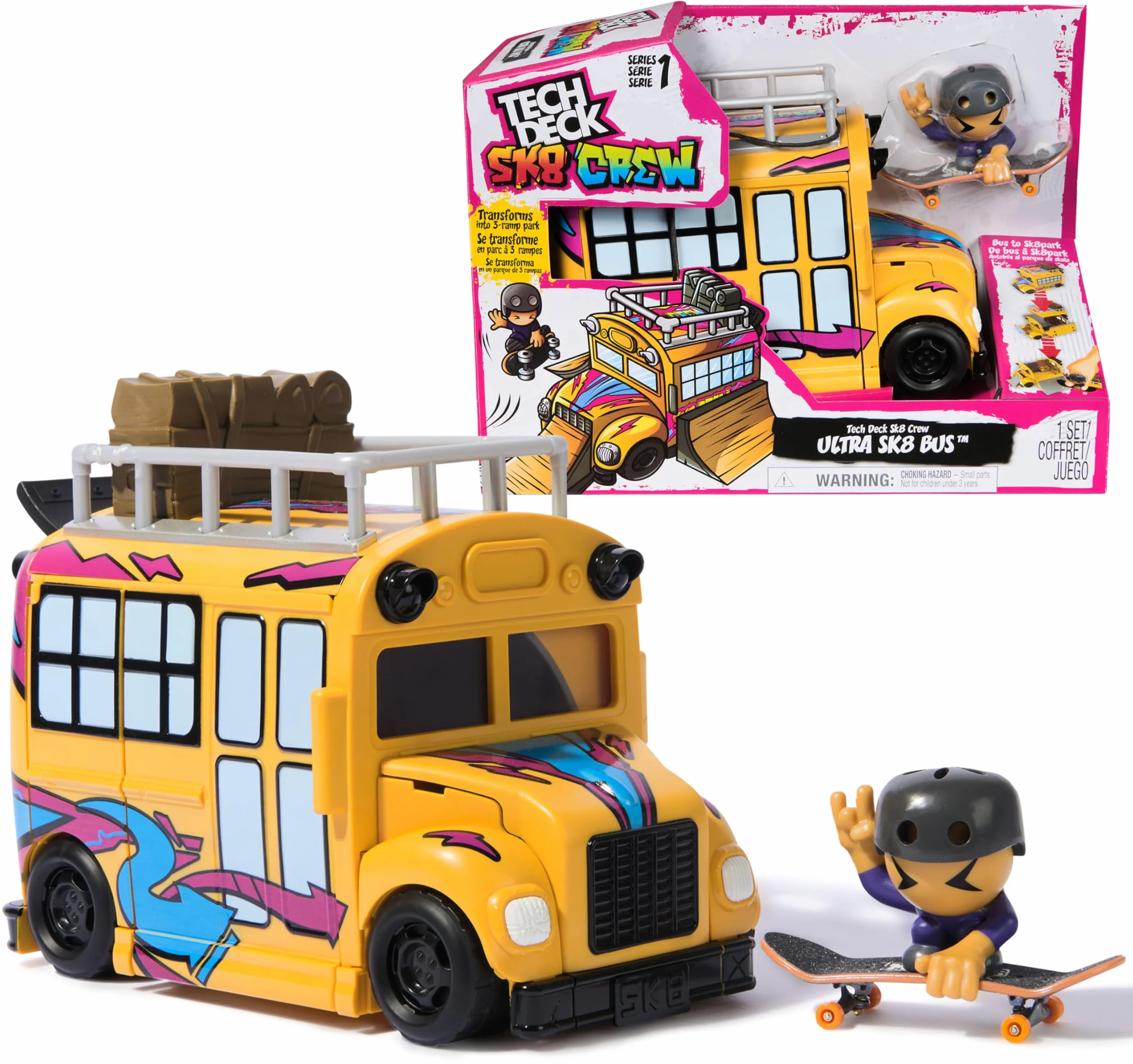 Tech Deck Sk8 Crew 2-w-1 Transformujący autobus Ultra Sk8 i schowek z podstrunnicą i figurką, kolekcjonerskie mini deskorolki, zabawki dla dzieci w wieku od 5 lat