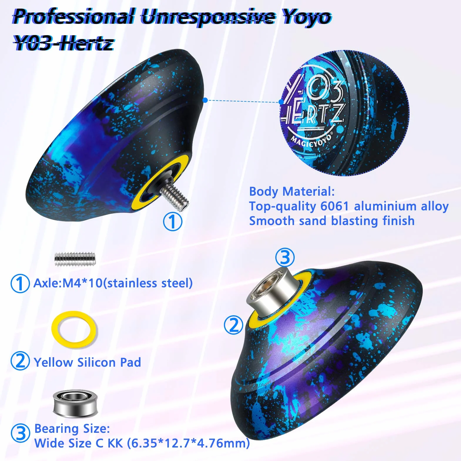 JoJo Y03-Hertz Unresponsive Yo-Yo dla dzieci i dorosłych, profesjonalny trick JoJo Y03 dla zaawansowanych, profesjonalny metalowy Jo jo z długim czasem wirowania + 12 strun Yo-Yo + torba YoYo