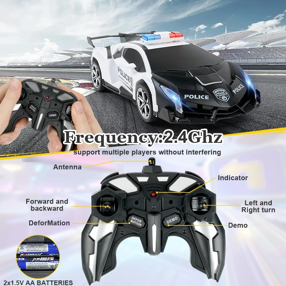 HOTUT Transform Toys 2 w 1 zdalnie sterowany samochód RC policji z 360 obrotami i chłodnym światłem, ładowalny 2,4 GHz zabawka dla chłopców od 6 lat