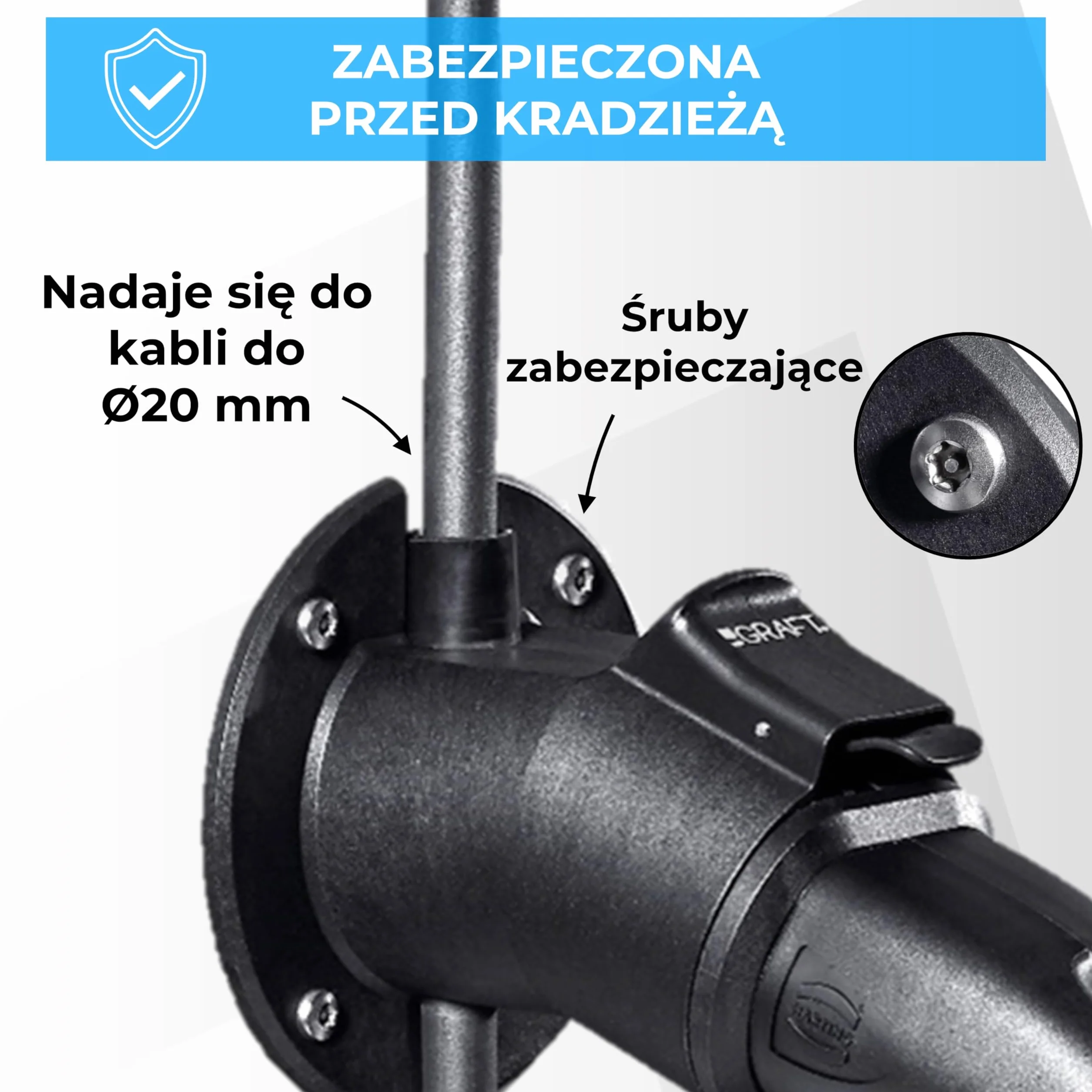 GRAFT kabel ładujący typ 2 uchwyt ścienny z wtyczką IEC 62196-2 akcesoria do wallbox zabezpieczenie przed kradzieżą