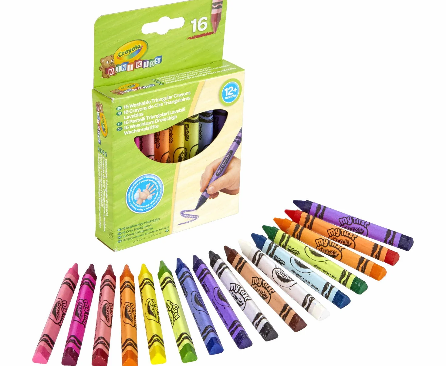 Crayola Mini Kids - Zmywalne Kredki Woskowe Maxi, Trójkątny Kształt, 16 Kolorów, Dla Dzieci od 12 Miesięcy, 52-016T