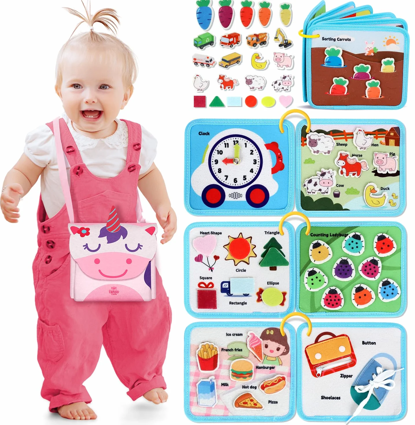 Lehoo Castle Busy Board Montessori zabawka dla dzieci od 1, 2, 3 lat, zabawka motoryczna, 12 w 1, Busy Quiet Book, prezent dla chłopców i dziewczynek, zabawka edukacyjna, deska motoryczna do podróży,