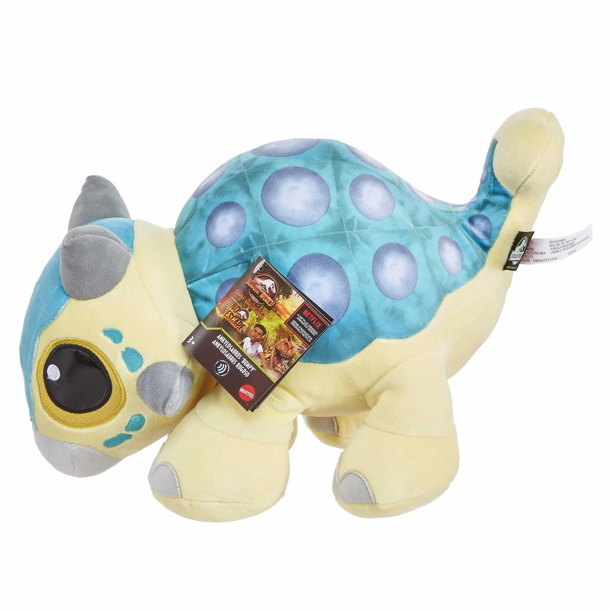 Mattel Jurassic World Ankylozaur Bumpy Pluszak z funkcją, ryki i miękkie nogi, miękka zabawka do zabawy i drzemki inspirowana serialem „Park Jurajski: Obóz Kredowy', dinozaur Rózia, HHB48