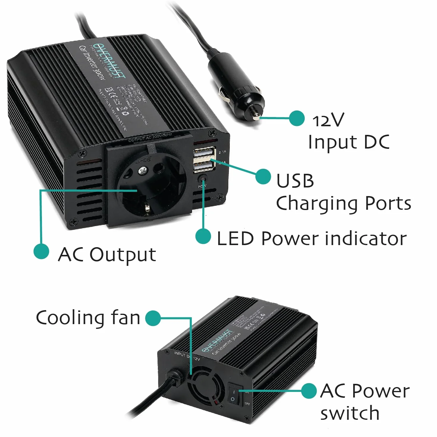 Przetwornica Samochodowa 12v;220v;300W - Przejściówka Gniazda Samochodowego, Gniazda elektrycznego - Transformator z Podwójnym Portem USB - Wentylator Chłodzący
