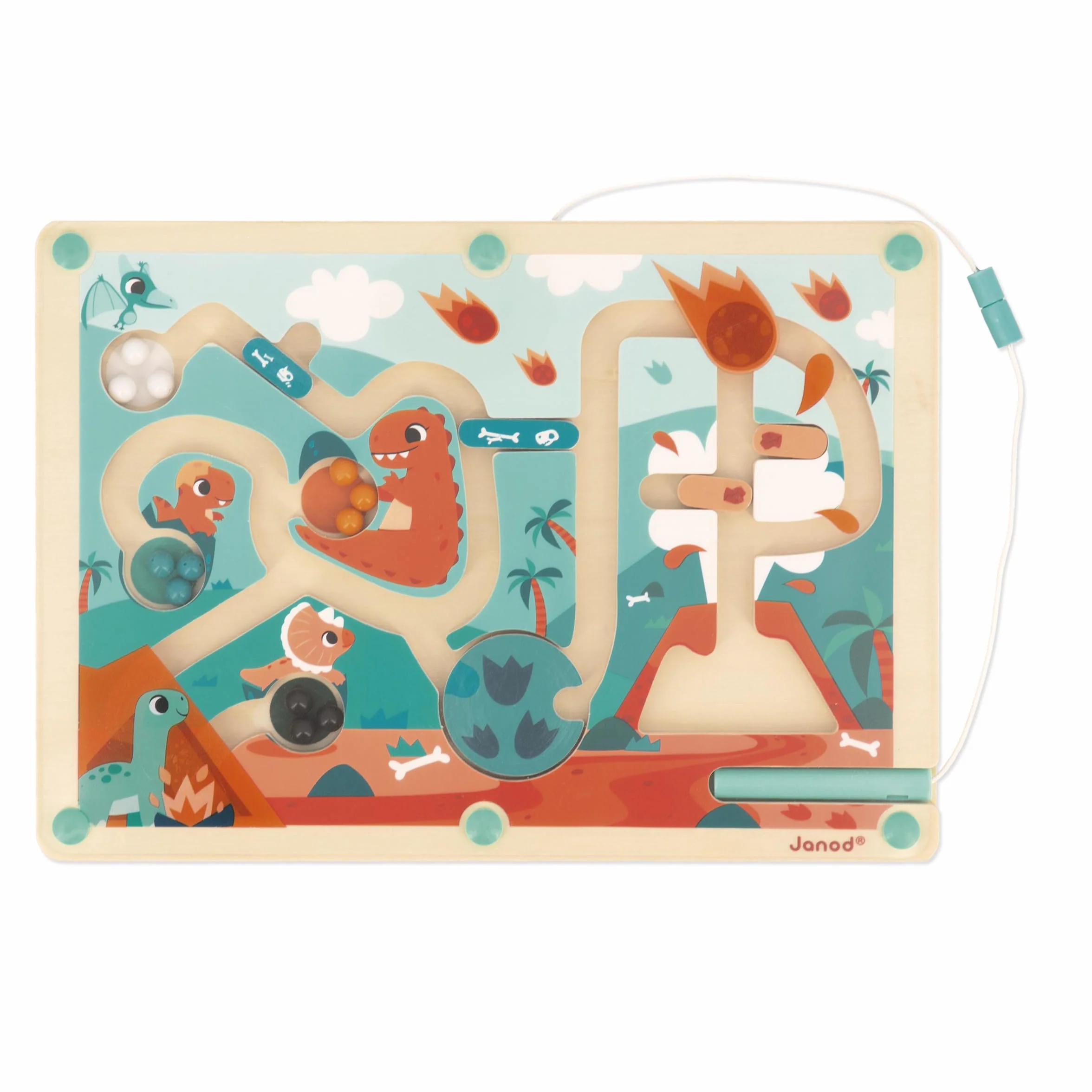 Janod - Labirynt magnetyczny z drewnianymi kulkami Dino - 12 kulek magnetycznych + rysik magnetyczny - nauka drobnej motoryki i koncentracji - rozmiar: 18 x 25 cm, począwszy od 2 lat