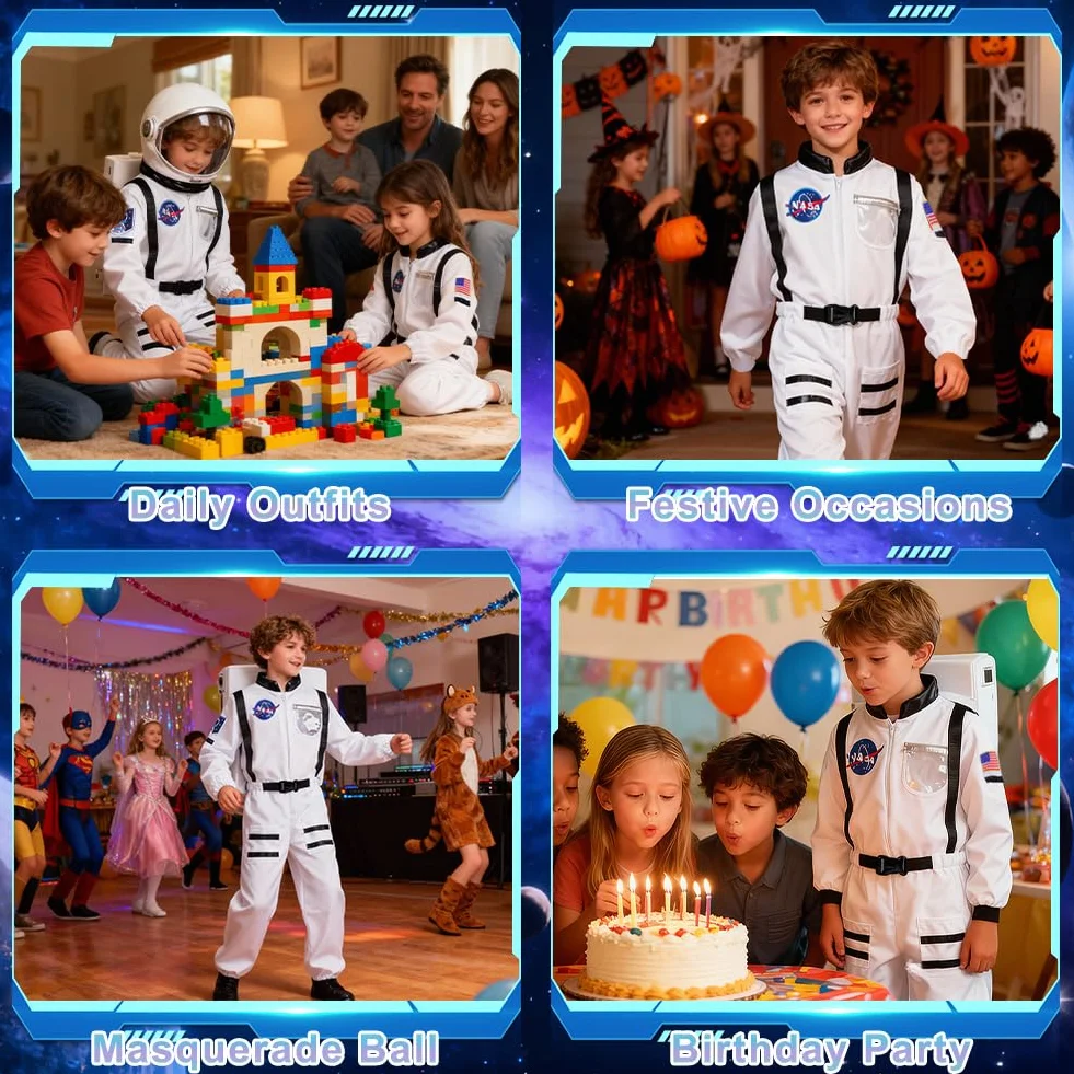 Kostium astronautów dla dzieci, 2 szt. Chłopcy i dziewczęta kombinezon kosmiczny unisex z kaskiem, dziecko kosmiczne ubrania na karnawał Halloween Boże Narodzenie Cosplay