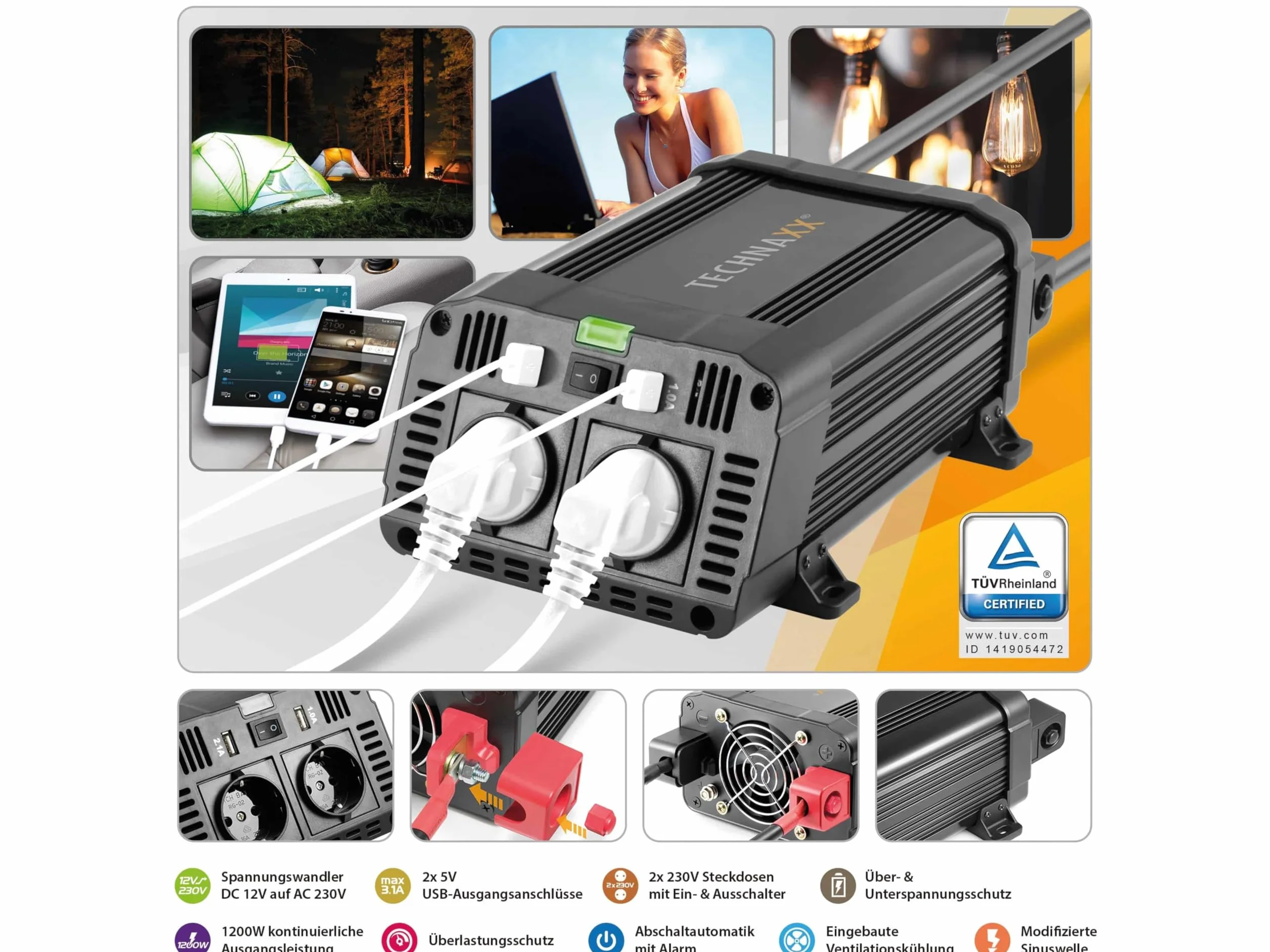 Technaxx Falownik samochodowy 12V 230V 1200W 2400W inwerter z 2 wtyczkami Schuko i 2x USB