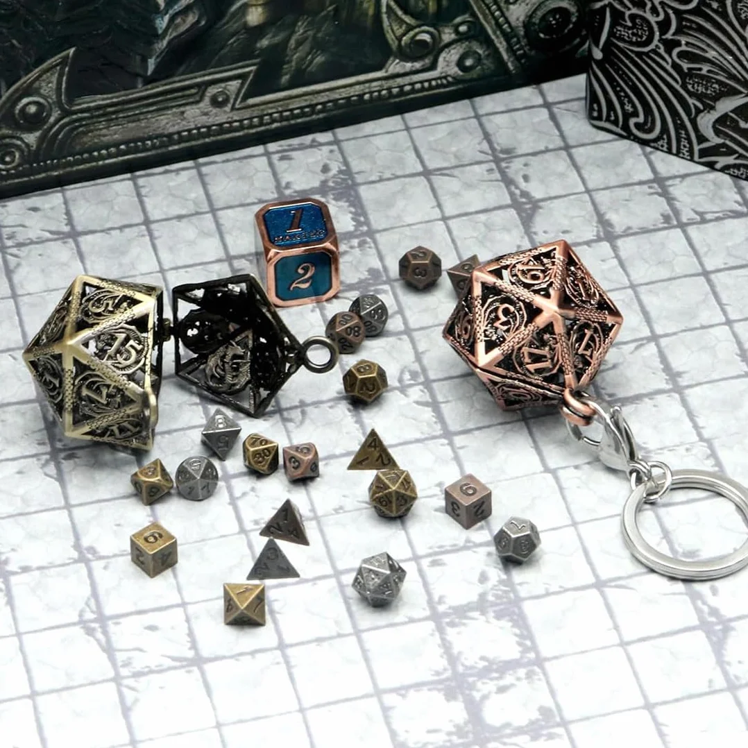 Mini kostka DND, zestaw do gry z obudową do MTG RPG D&D D4 D6, D8, D%, D10, D12, D20 - antyczny brąz
