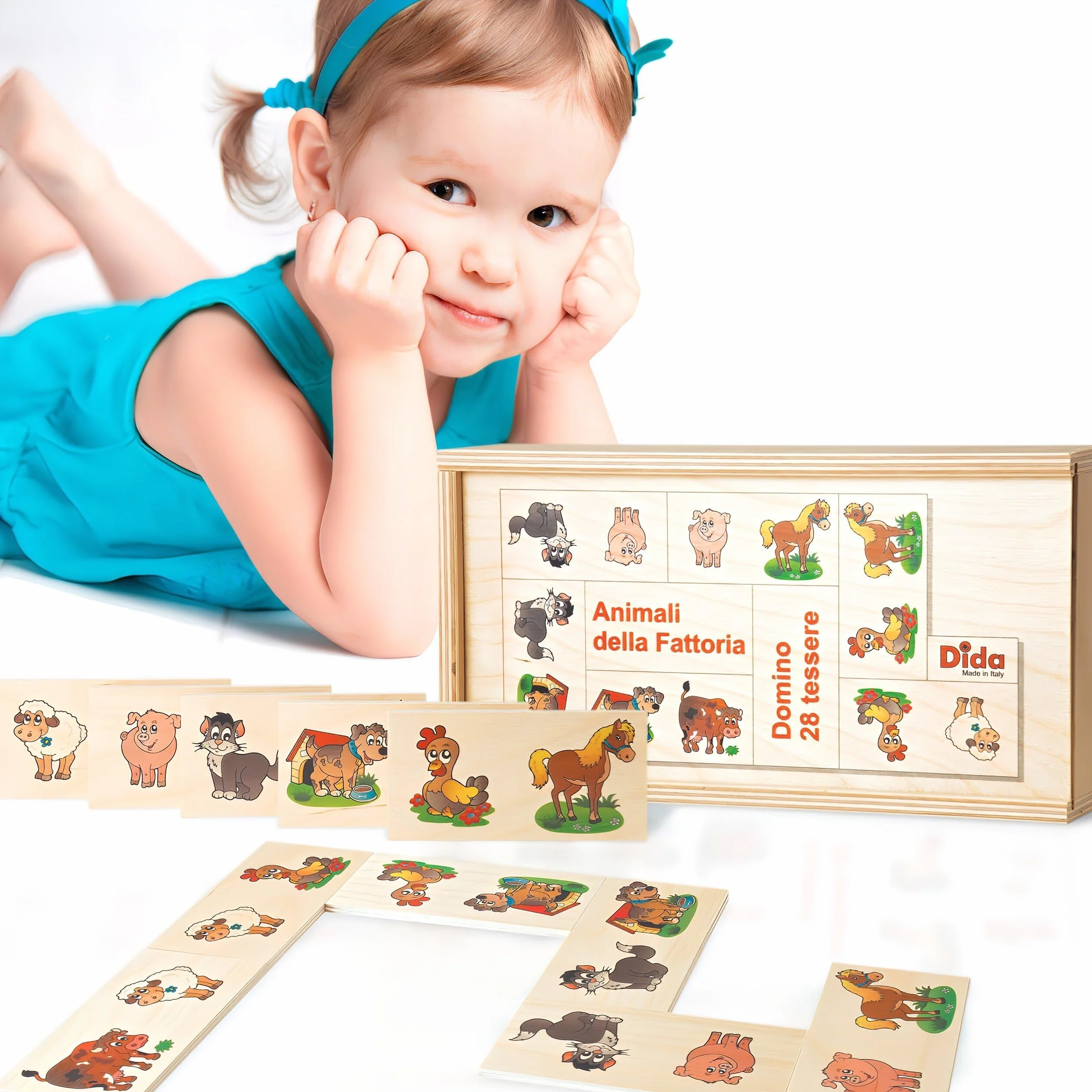 Dida - Domino gra dla dzieci 28 płytek | Gry montessori 3 lata w górę | Domino drewniane dzieci