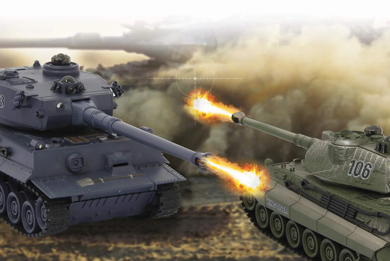 JAMARA 403635 – zestaw bojowy Tiger 2,4 GHz – tryb bitwy z symulowanym wskaźnikiem uszkodzeń (awaria napędu, niezdolności do walki i prowadzenia pojazdu), bardzo zwrotny, ogień broni, ogień z karabinu
