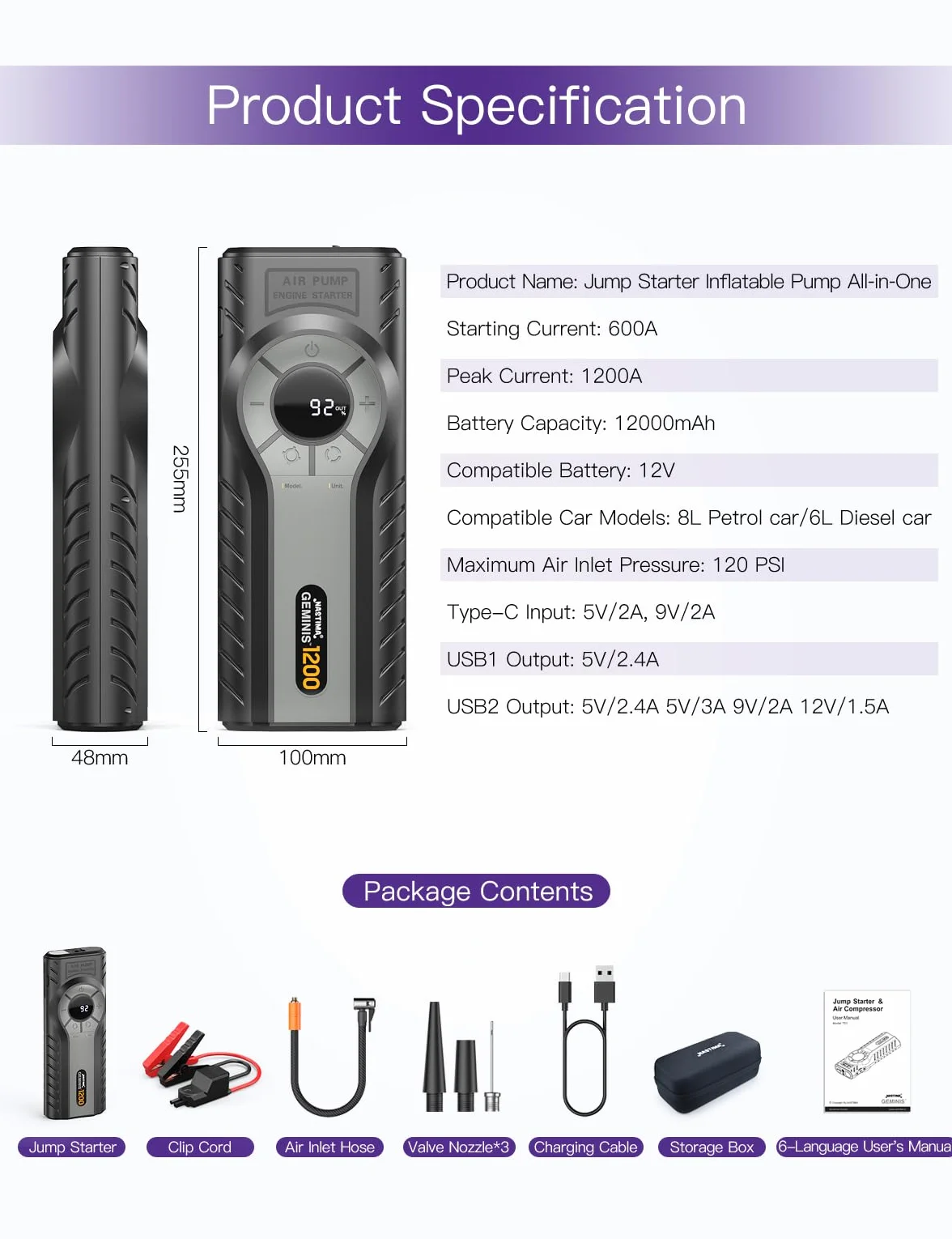 NASTIMA Rozrusznik samochodowy Powerbank ze sprężarką powietrza 4w1 QC18W do silnika benzynowego 8L 6L latarka LED