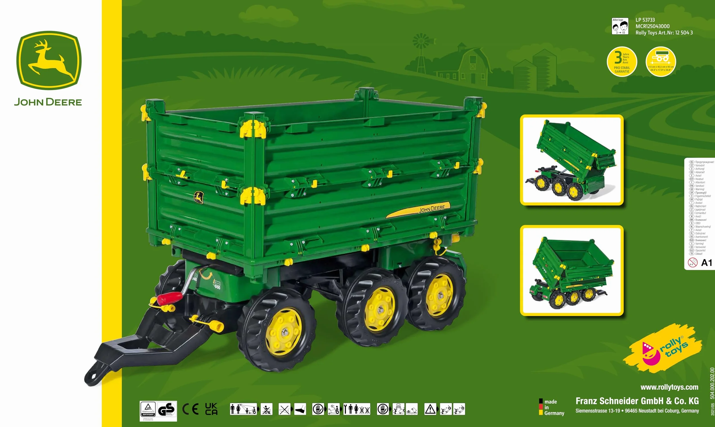 Rolly Toys rollyMulti Trailer John Deere Kipper (wywrotka trójstronna z korbą gwintowaną, sprzęgłem tylnym) 125043