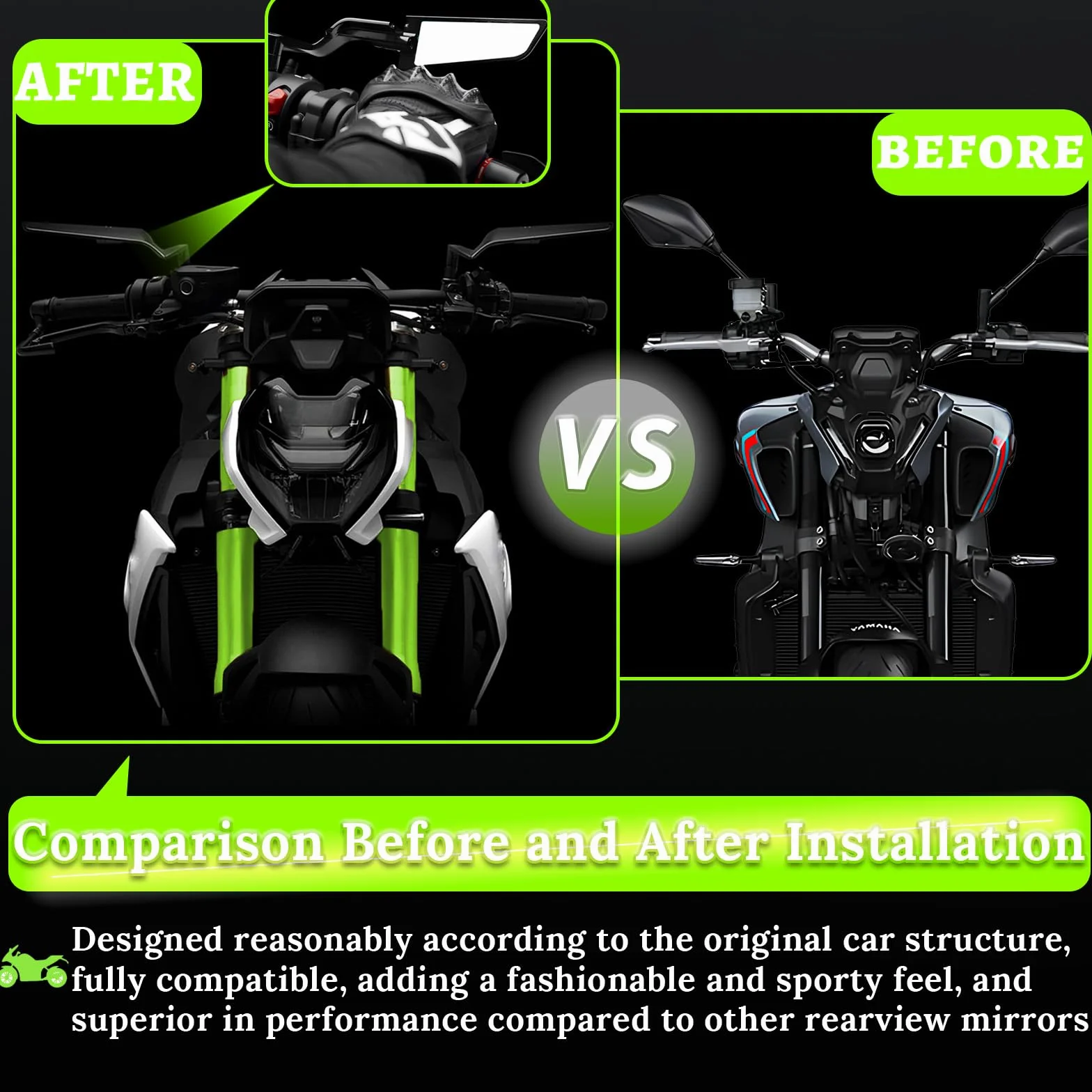 Lusterka wsteczne do motocykla, regulowane, obrotowe o 360°, lusterka boczne Stealth Wind Wing do Kawasaki Z400, Z650, Z1000, Duke 125, 200, 250, 390, 690, 790, 1290 itp. (8 mm, 10 mm)