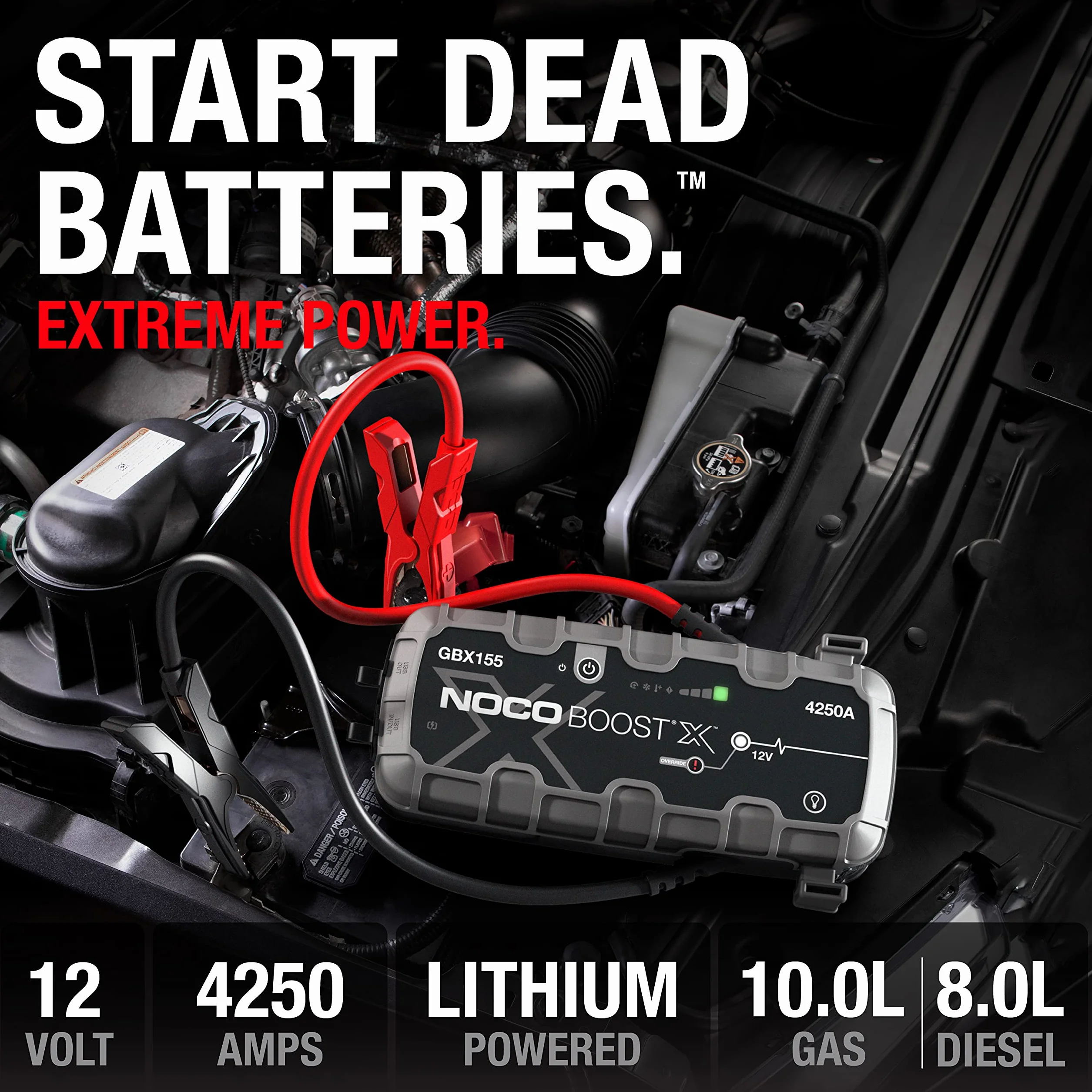 NOCO Boost X GBX155 4250A 12V UltraSafe Litowe Urządzenie Rozruchowe, Booster do Akumulatora i Kable Rozruchowe do 10,0 Litrowych Silników Benzynowych i 8,0 Litrowych Silników Wysokoprężnych