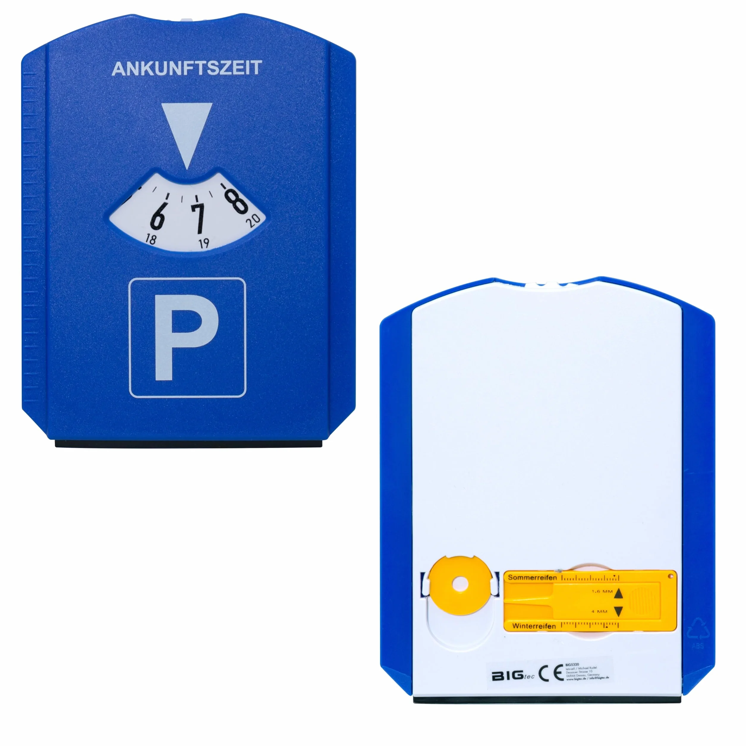 BIGtec Tarcza parkingowa z skrobaczką do lodu, skrobaczka do pisania, miernik profilu opon, żeton do wózków zakupowych, żeton na zakupy, skrobaczka do śniegu, do samochodów osobowych i ciężarowych