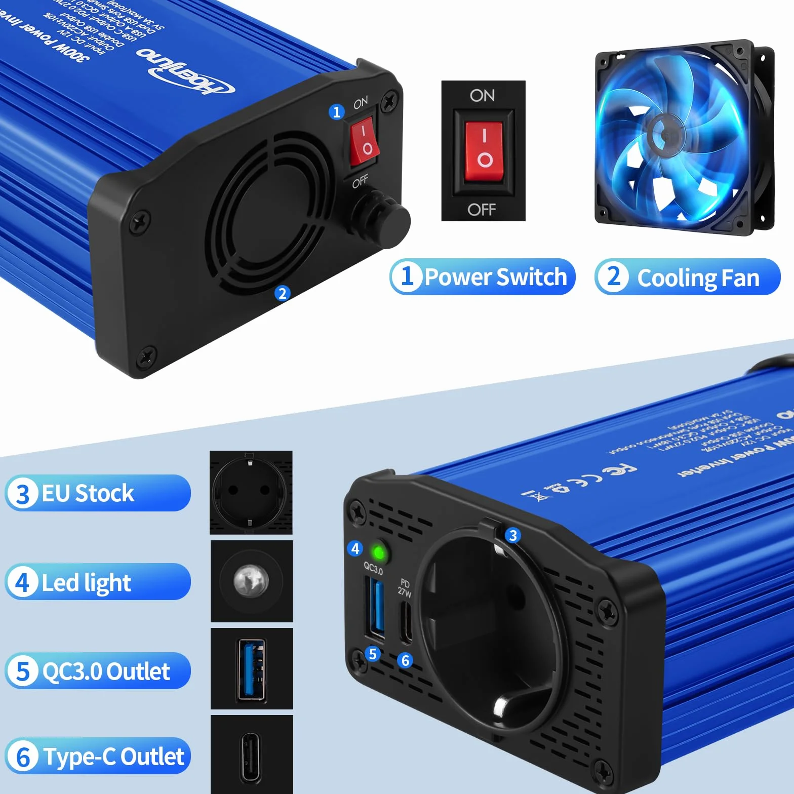 Przetwornica napięcia 300 W, 12 V na 220-230 V, z gniazdem UE i złączem USB typu C i QC 3.0, możliwość ładowania laptopa, iPada, iPhone'a, tabletu, konsoli i wielu innych