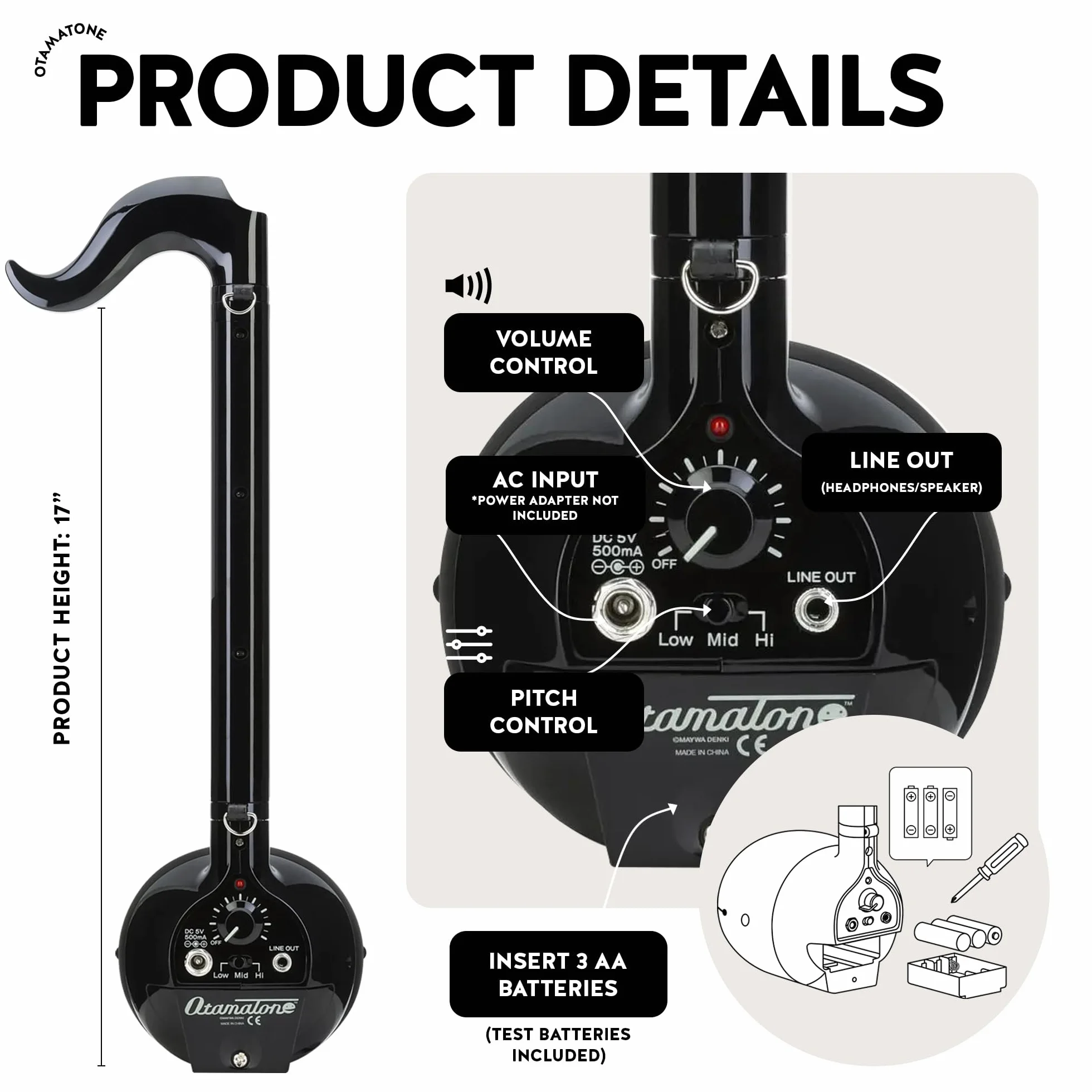 Otamatone Deluxe [edycja angielska] elektroniczny instrument muzyczny, zabawka, przenośny syntezator z Japonii, od Cube/Maywa Denki, czarny