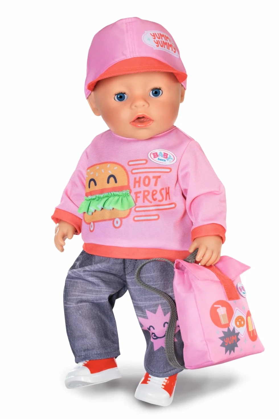 BABY born Snack Shop Outfit 835944 Zapf Creation kostium na zakupy z czapką, butami i plecakiem dla lalek 43 cm
