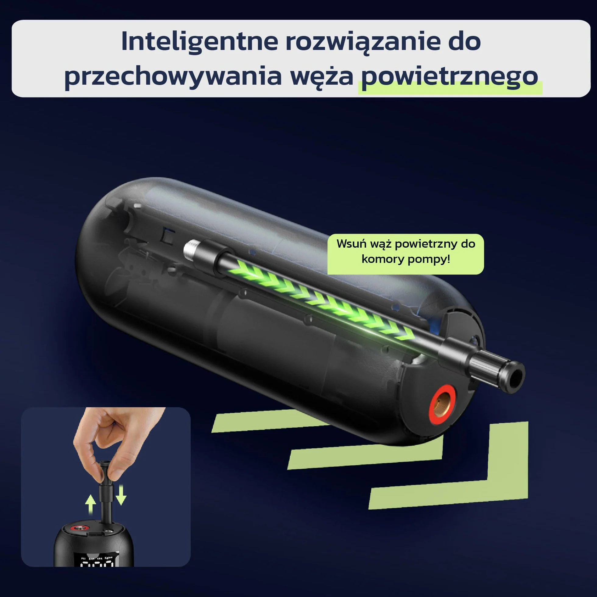Woowind LP1 Przenośna Sprężarka Powietrza 150 PSI/10.3 BAR, Automatyczne Wyłączanie, Ładowanie USB, LED do Samochodów, Motocykli, Rowerów, Piłek, Adaptery Presta/Schrader