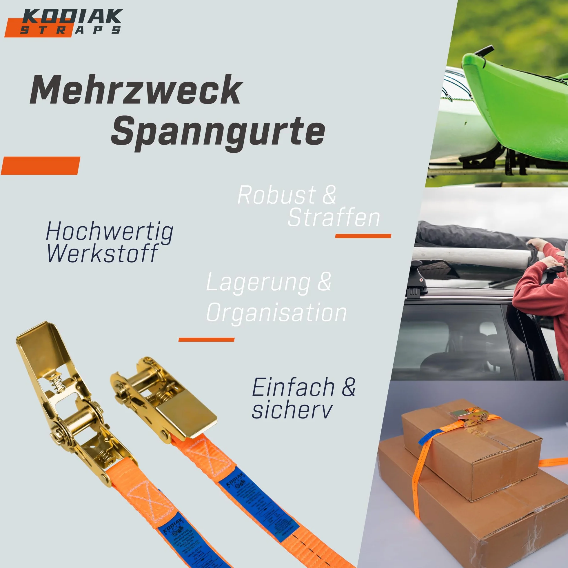 4 Sztuk Pasów Mocujących 4m x 1000kg z Zamkiem Zapadkowym - 25mm Pasy Transportowe Mocujące z Grzechotką - Pomarańczowy Pas Ściągający - Certyfikat TÜV/GS, zgodny z DIN EN 12195-2 - KODIAK STRAPS