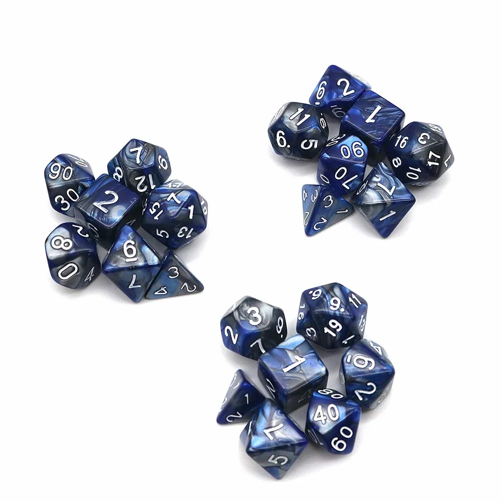 DollaTek Zestaw ko?ci wielo?ciennych, gry sto?owe, 3 zestawy ko?ci 3 x 7 (21 sztuk), seria matryc, D20, D12, D10, D8, D6, D4, DND, DND, RPG, MTG, podwójne kolory, jednocz??ciowe (niebieskie i srebrne)