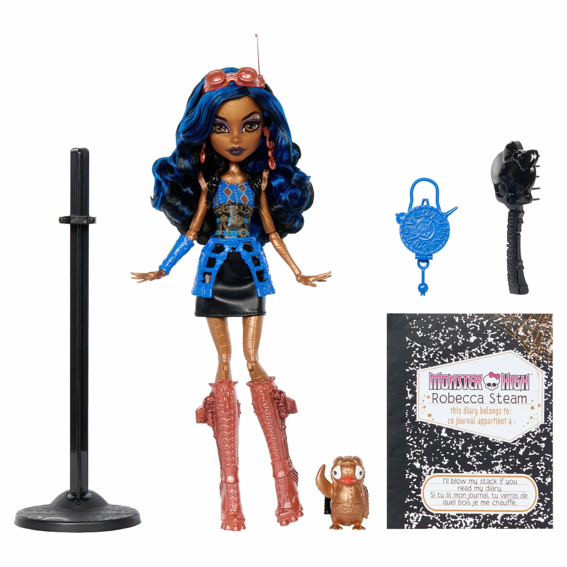 Monster High Robecca Steam Reprodukcja Lalka kolekcjonerska, podstawka, pamiętnik i figurka pingwinek Kapitan Penny, zabawka dla dzieci 6+, fanów i kolekcjonerów, JHK59