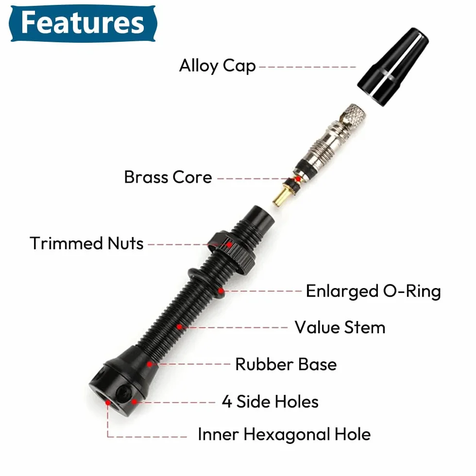 Zawory Presta Tubeless 44 mm ze stopu aluminium, bezdętkowe wentyle z usuwaczem wkładu i zaślepkami do opon rowerowych MTB